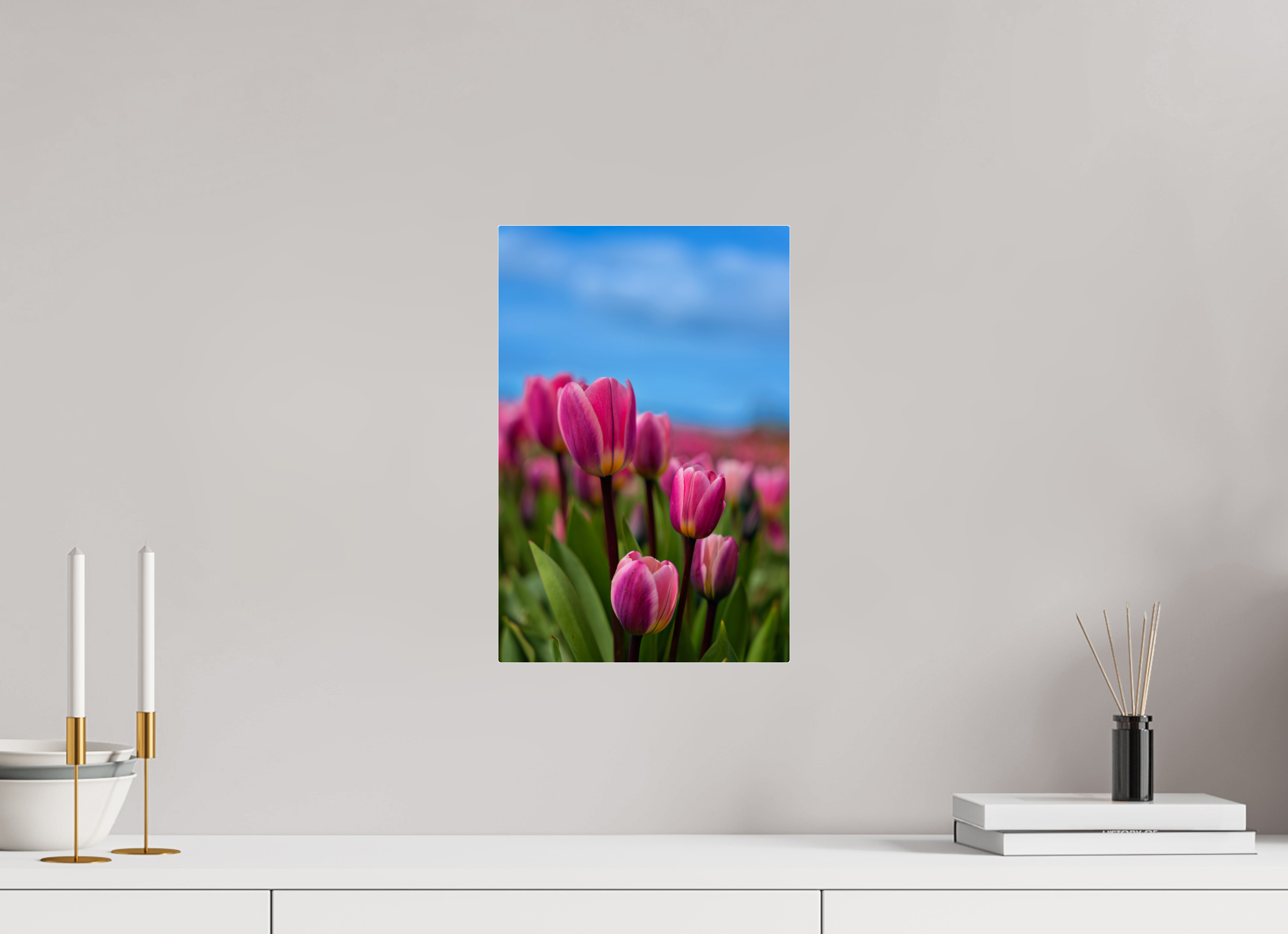 10 x 15″, Acrylic Glass Rounded Corners Pink Tulips Against an Evening Sky