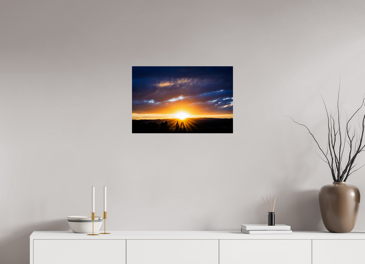 24 x 16″, Acrylic Glass Rounded Corners Sunburst Behind the Silhouetted Pines