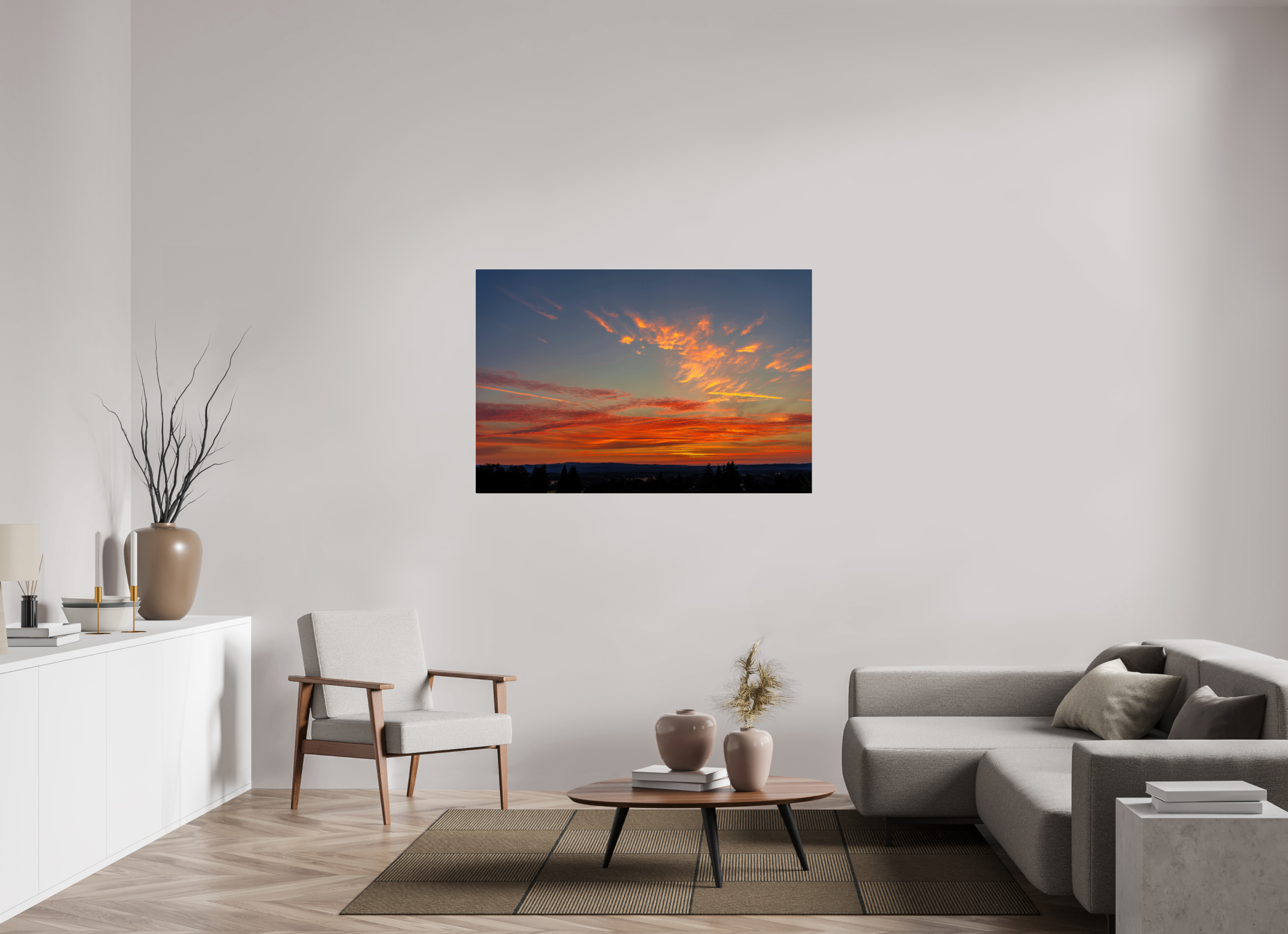 54 x 36″, Acrylic Glass Rounded Corners Fire in the Sky Over Silhouetted Hills