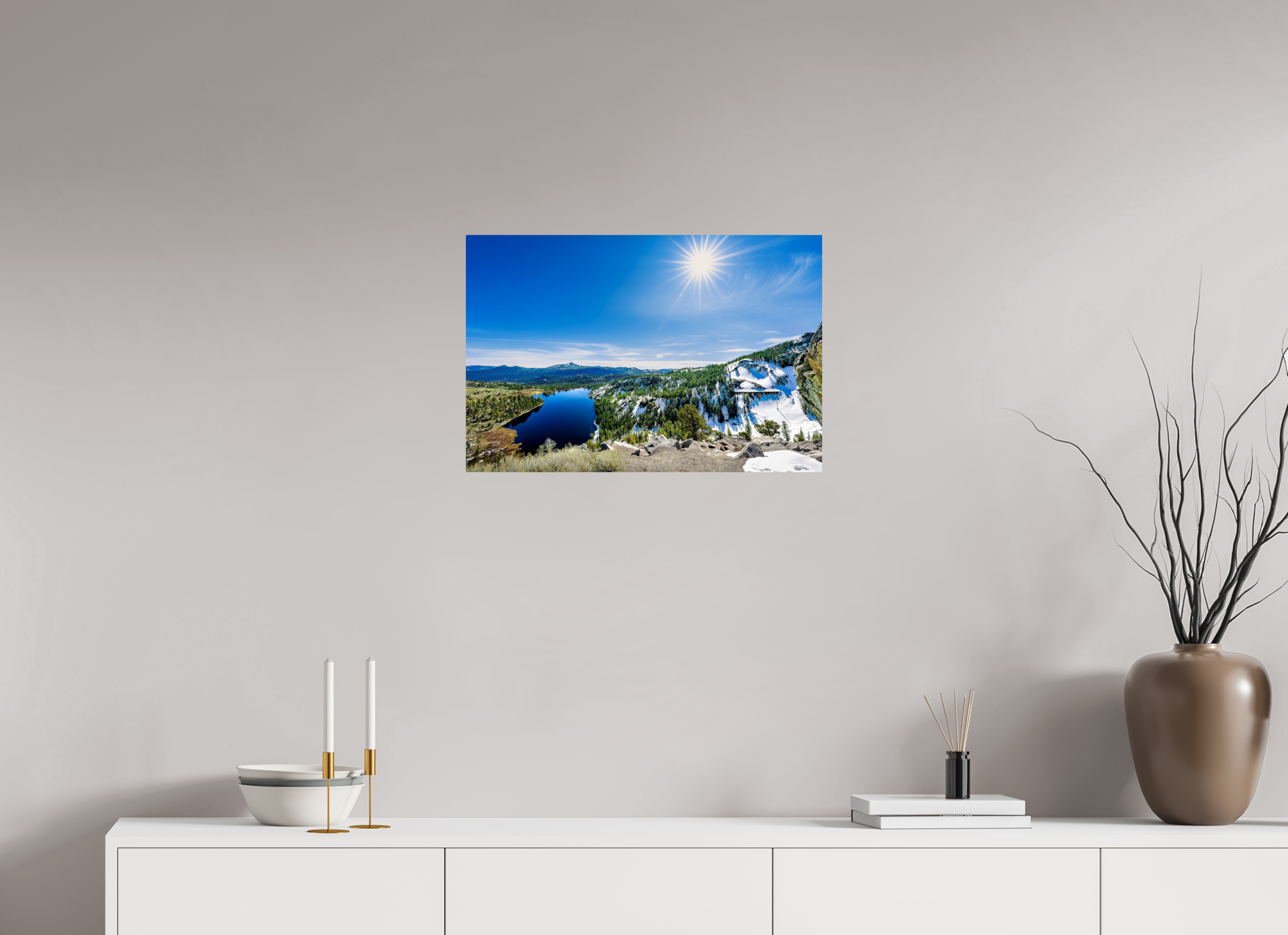 24 x 16″, ChromeLuxe HD Metal Print Acrylic Print - Alpine Lake Overlook With Sunburst