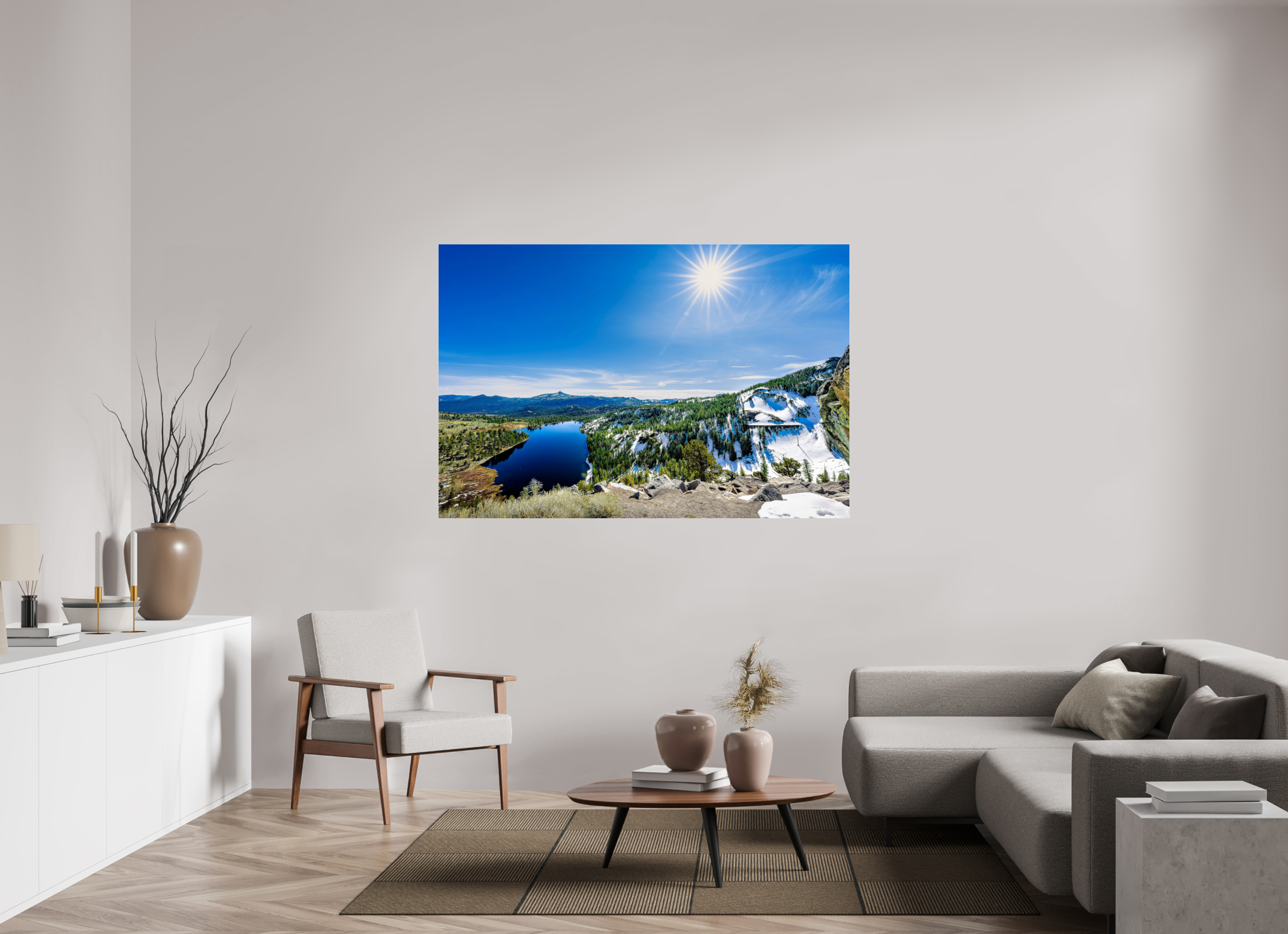 66 x 44″, Acrylic Glass Rounded Alpine Lake Overlook With Sunburst