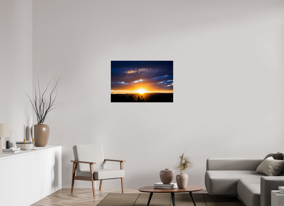 36 x 24″, ChromeLuxe HD Metal Print Rounded Conrners Sunburst Behind the Silhouetted Pines