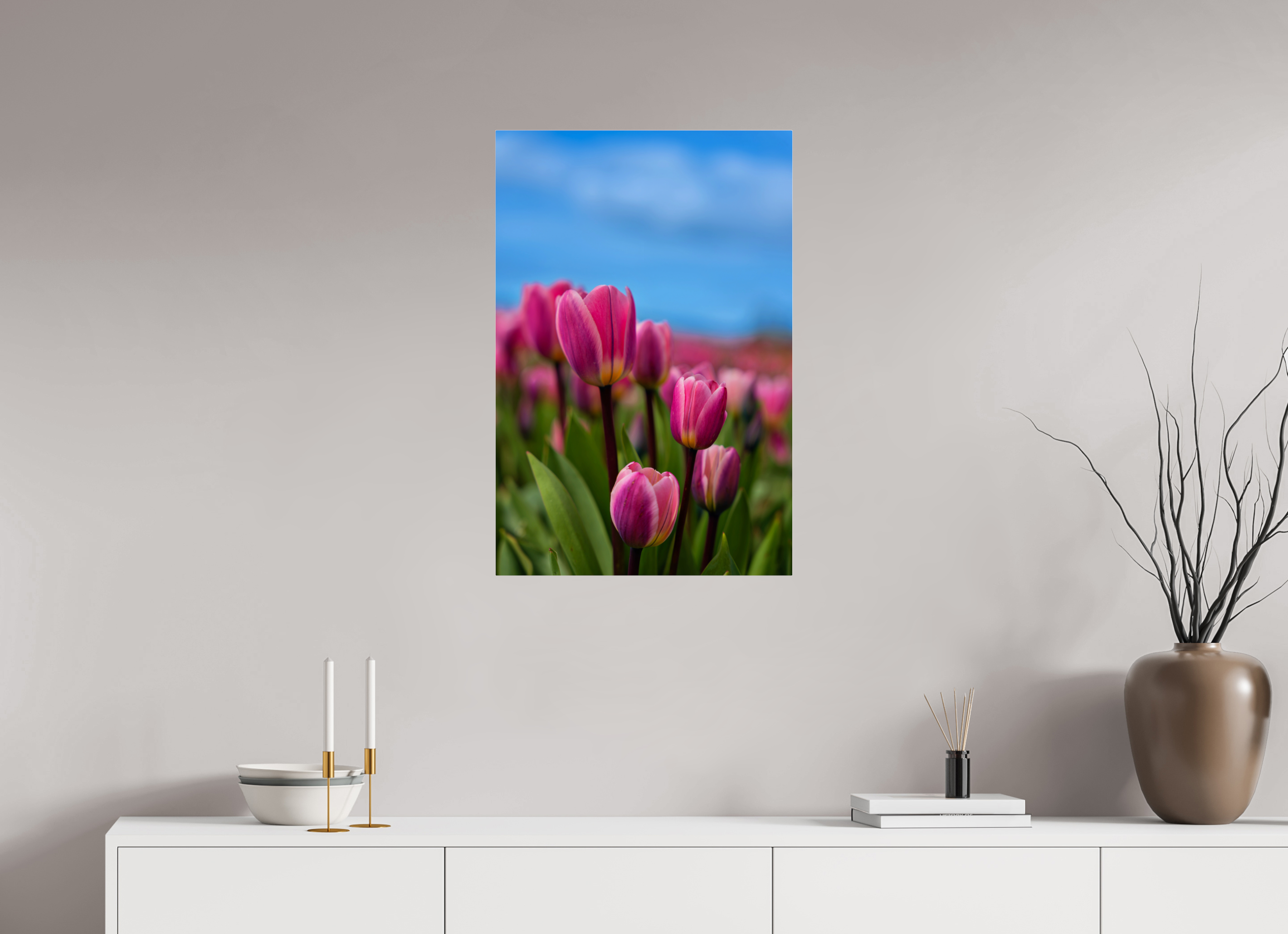 20 x 30″, Acrylic Glass Rounded Corners Pink Tulips Against an Evening Sky