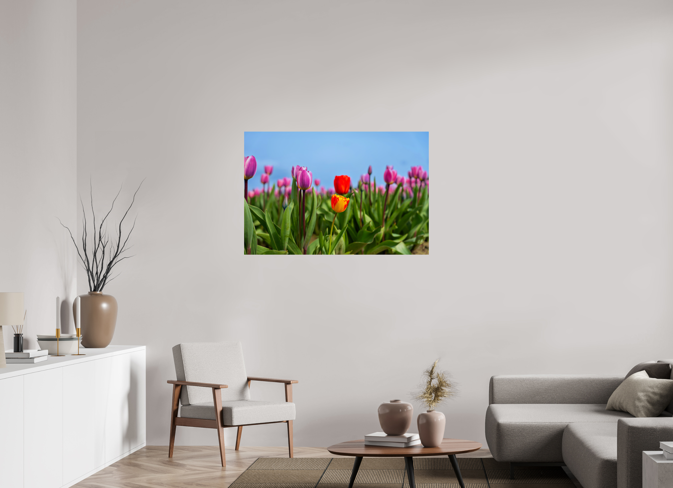 45 x 30″, ChromeLuxe HD Metal Print Rounded Conrners Red and Yellow Tulips Among a Purple Field