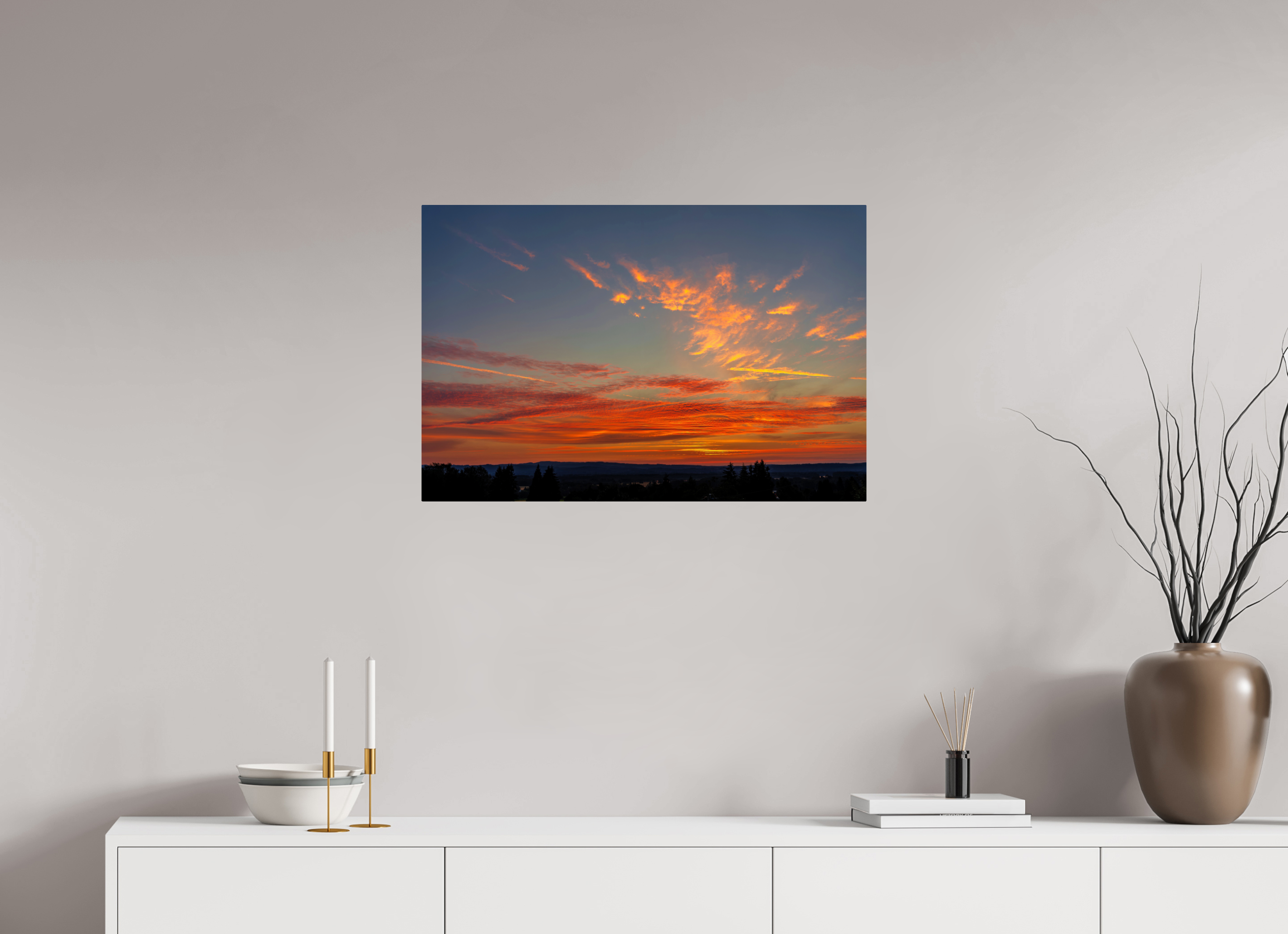 30 x 20″, ChromeLuxe HD Metal Print Rounded Conrners Fire in the Sky Over Silhouetted Hills