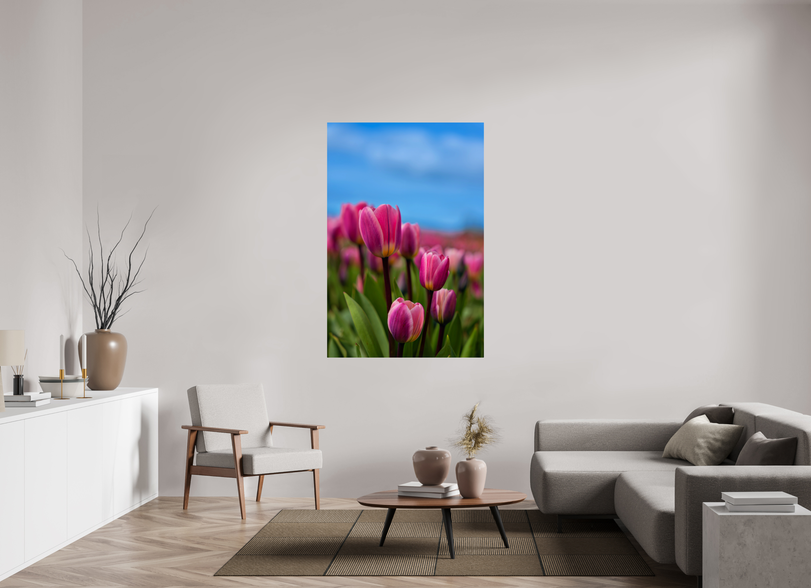 40 x 60″, ChromeLuxe HD Metal Print Rounded Conrners Pink Tulips Against an Evening Sky