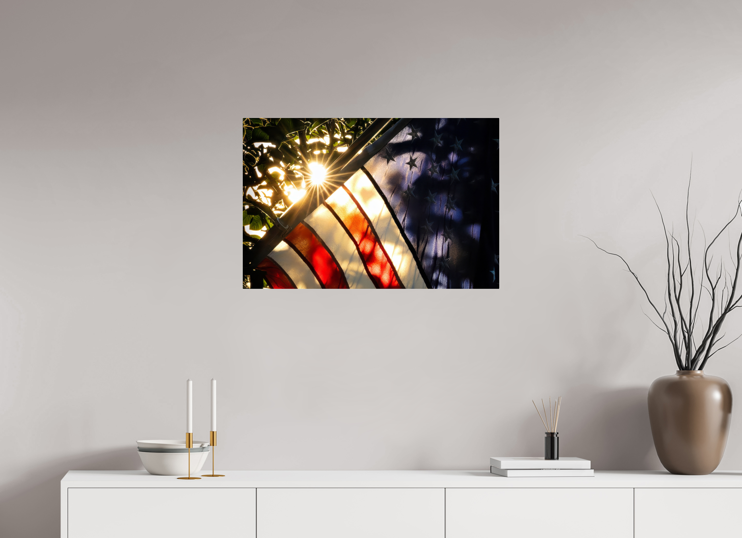 30 x 20″, Acrylic Glass Rounded Corners unlight Through a Weathered Flag