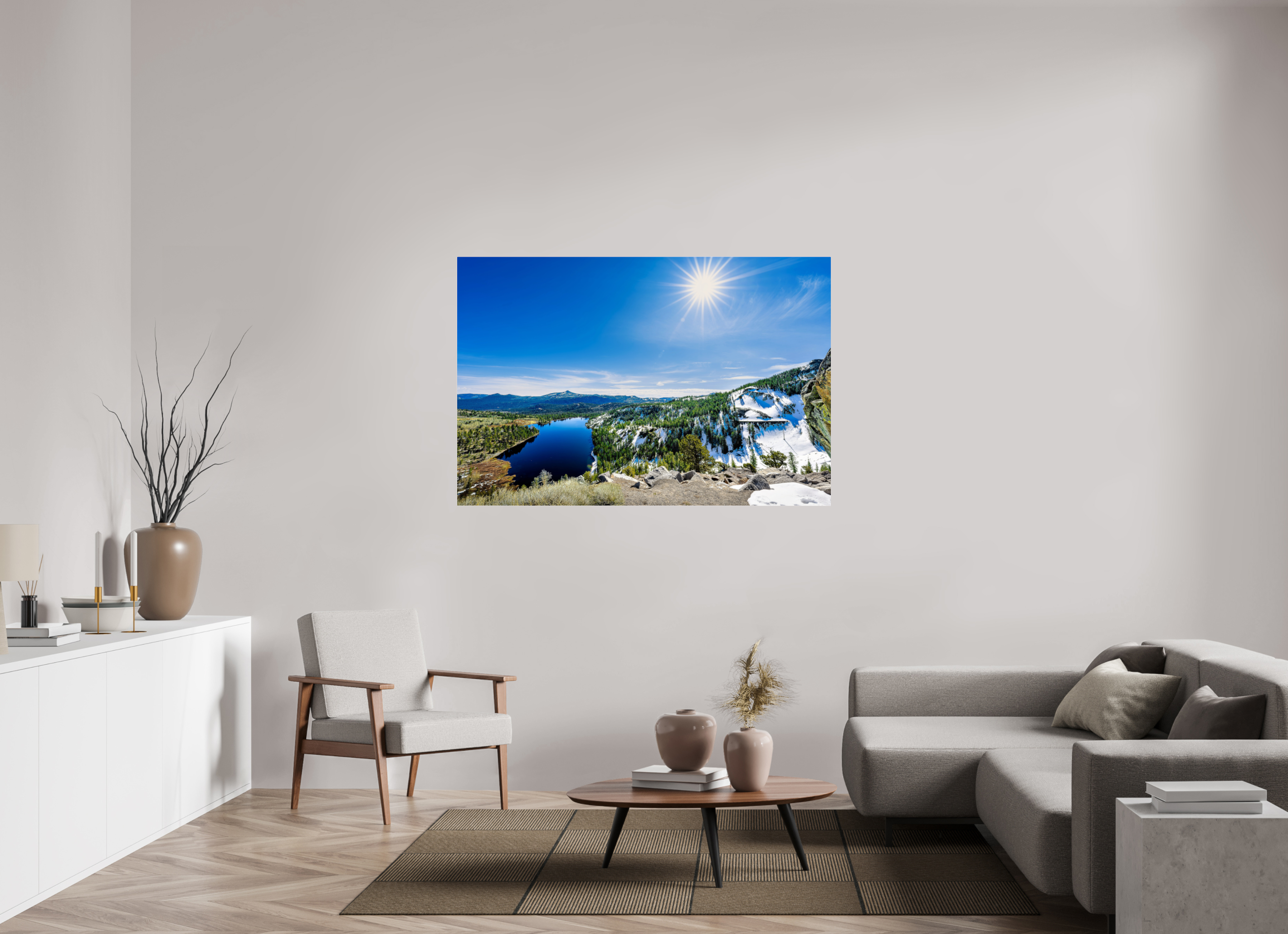 60 x 40″, Acrylic Glass Rounded Alpine Lake Overlook With Sunburst
