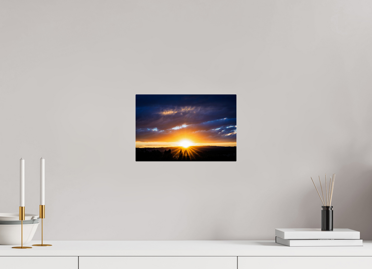 12 x 8″, Acrylic Glass Rounded Corners Sunburst Behind the Silhouetted Pines