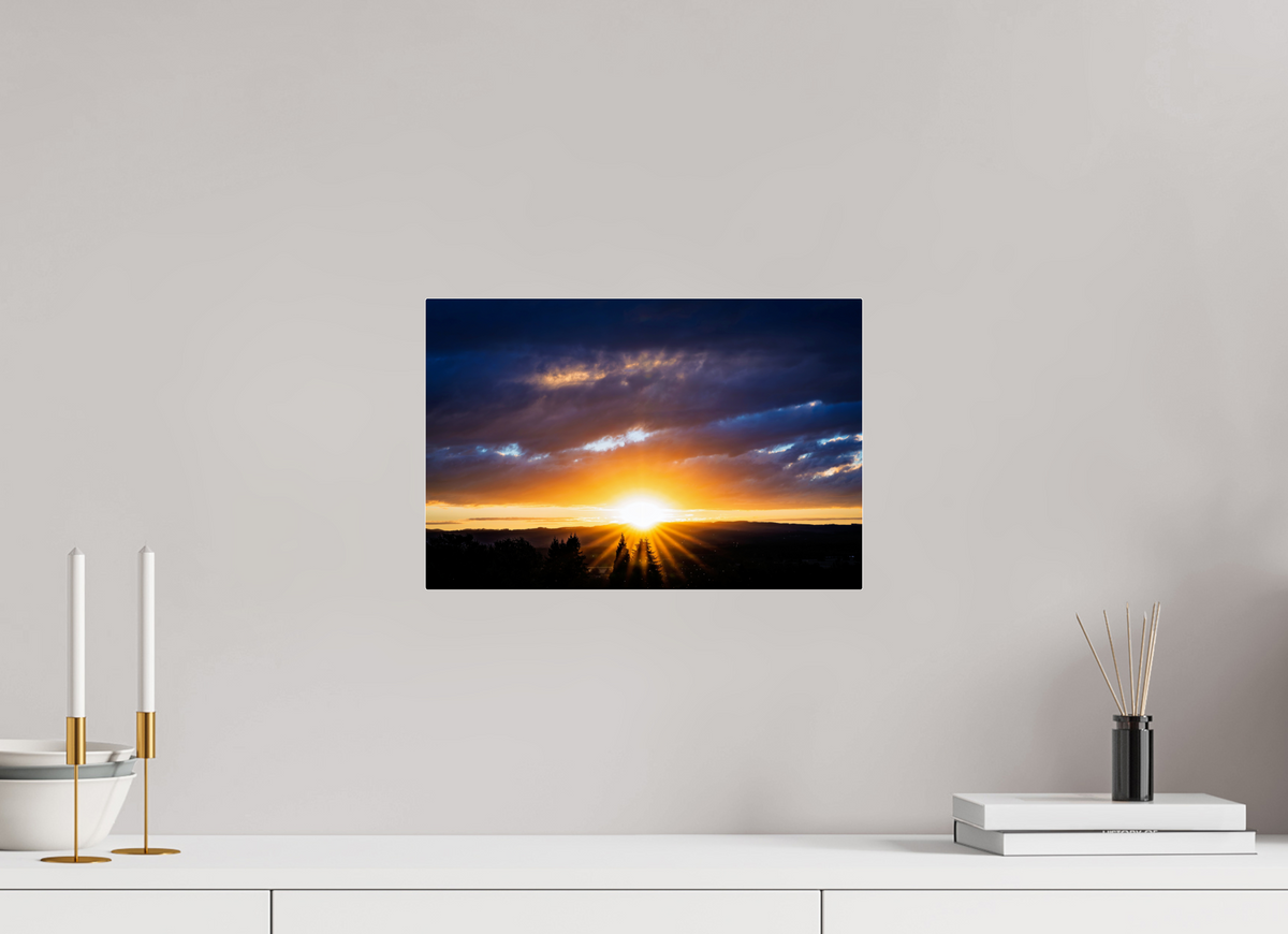 15 x 10″, Acrylic Glass Rounded Corners Sunburst Behind the Silhouetted Pines