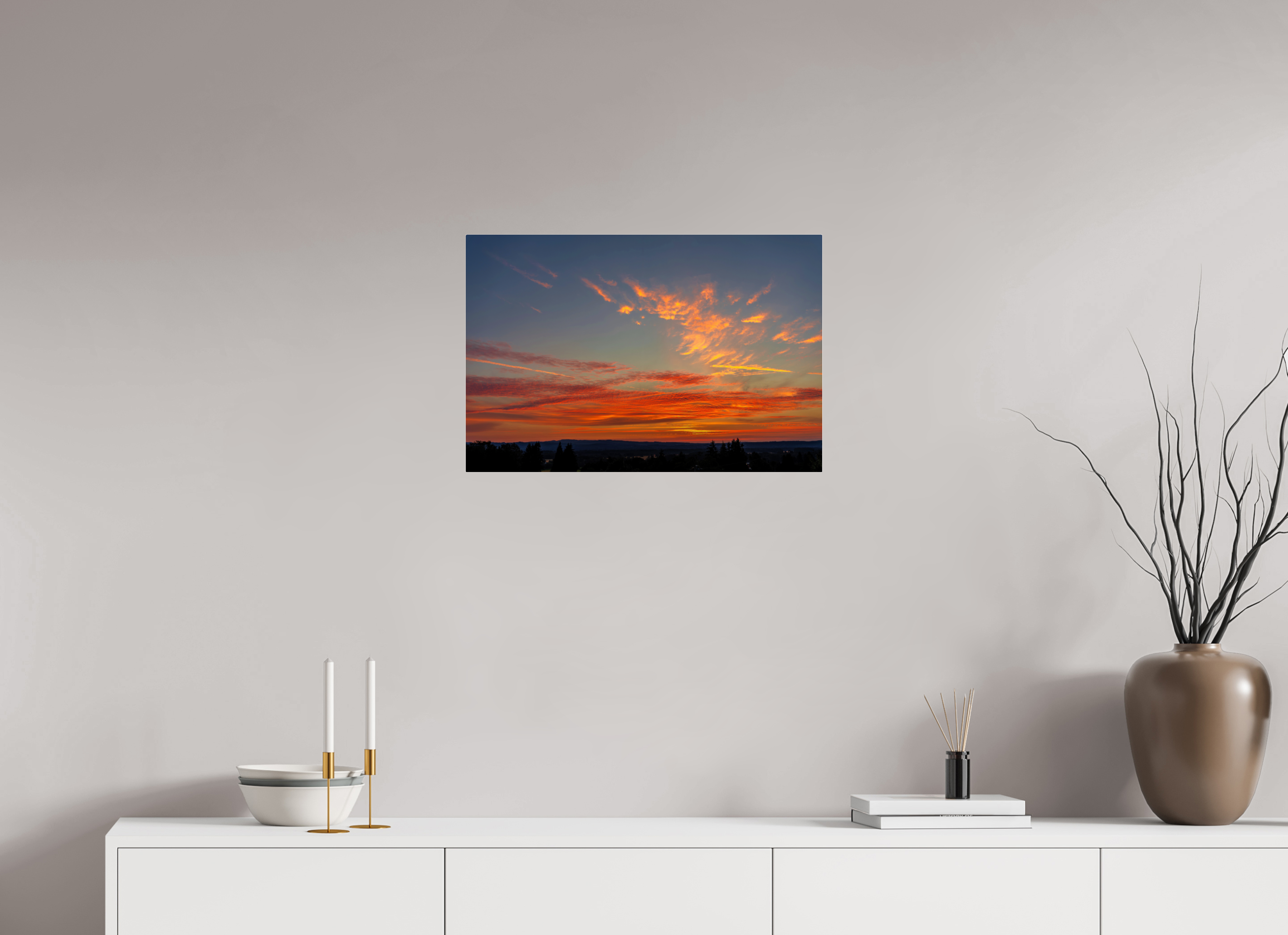 24 x 16″, Acrylic Glass Rounded Corners Fire in the Sky Over Silhouetted Hills