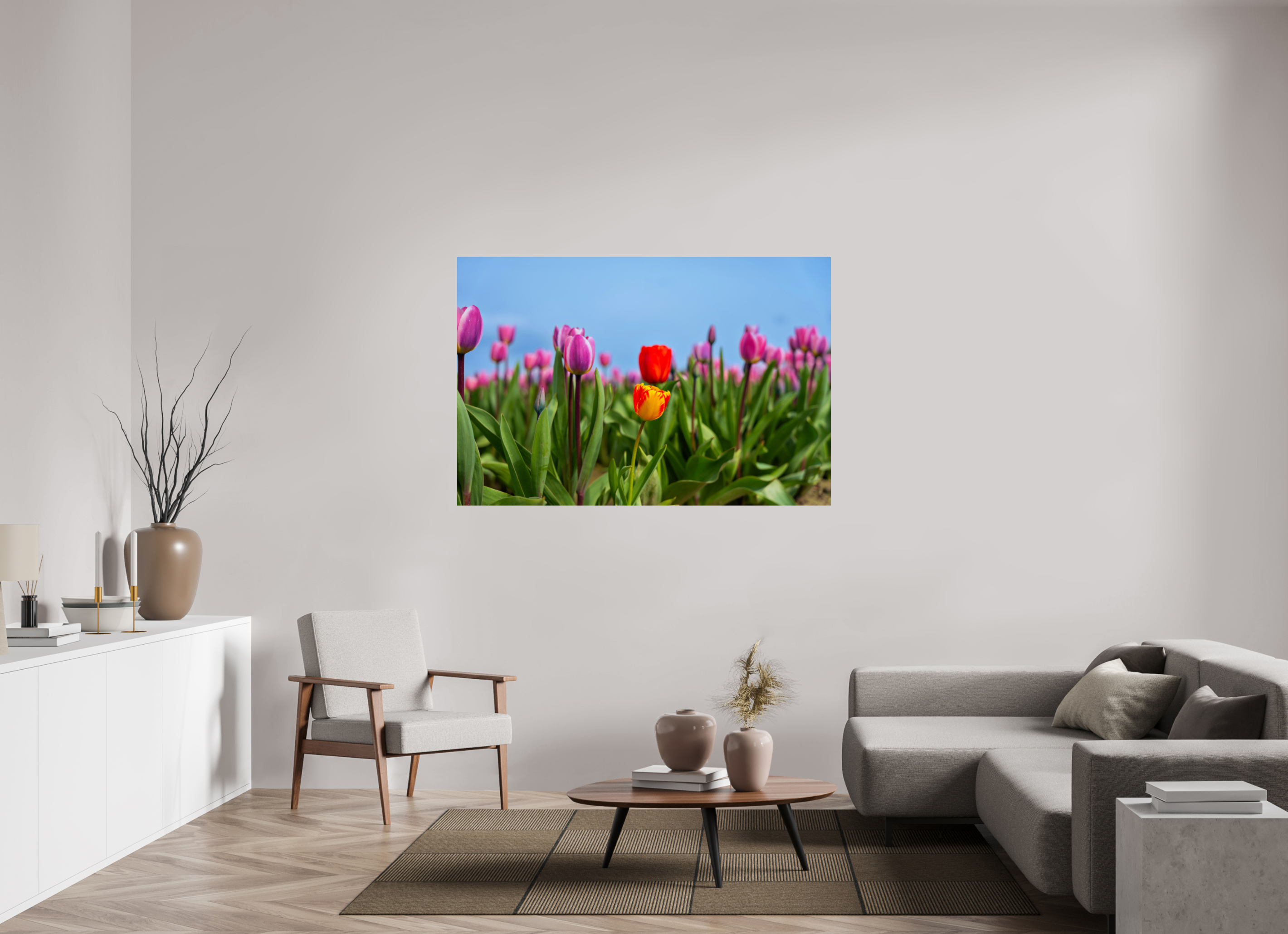 60 x 40″, Acrylic Glass Rounded Corners Red and Yellow Tulips Among a Purple Field