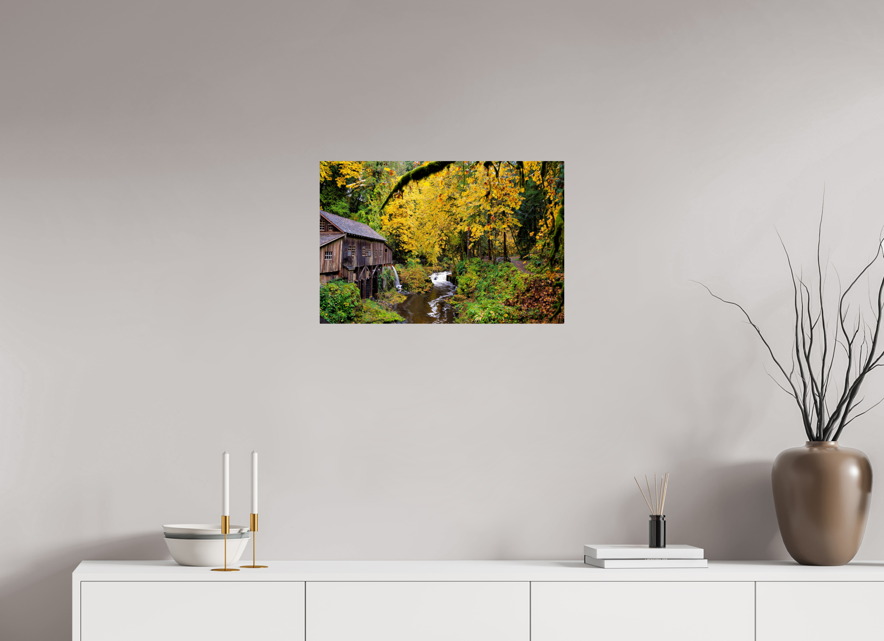 24 x 16″, ChromeLuxe HD Metal Print Rounded Conrners Historic Gristmill in Autumn Color