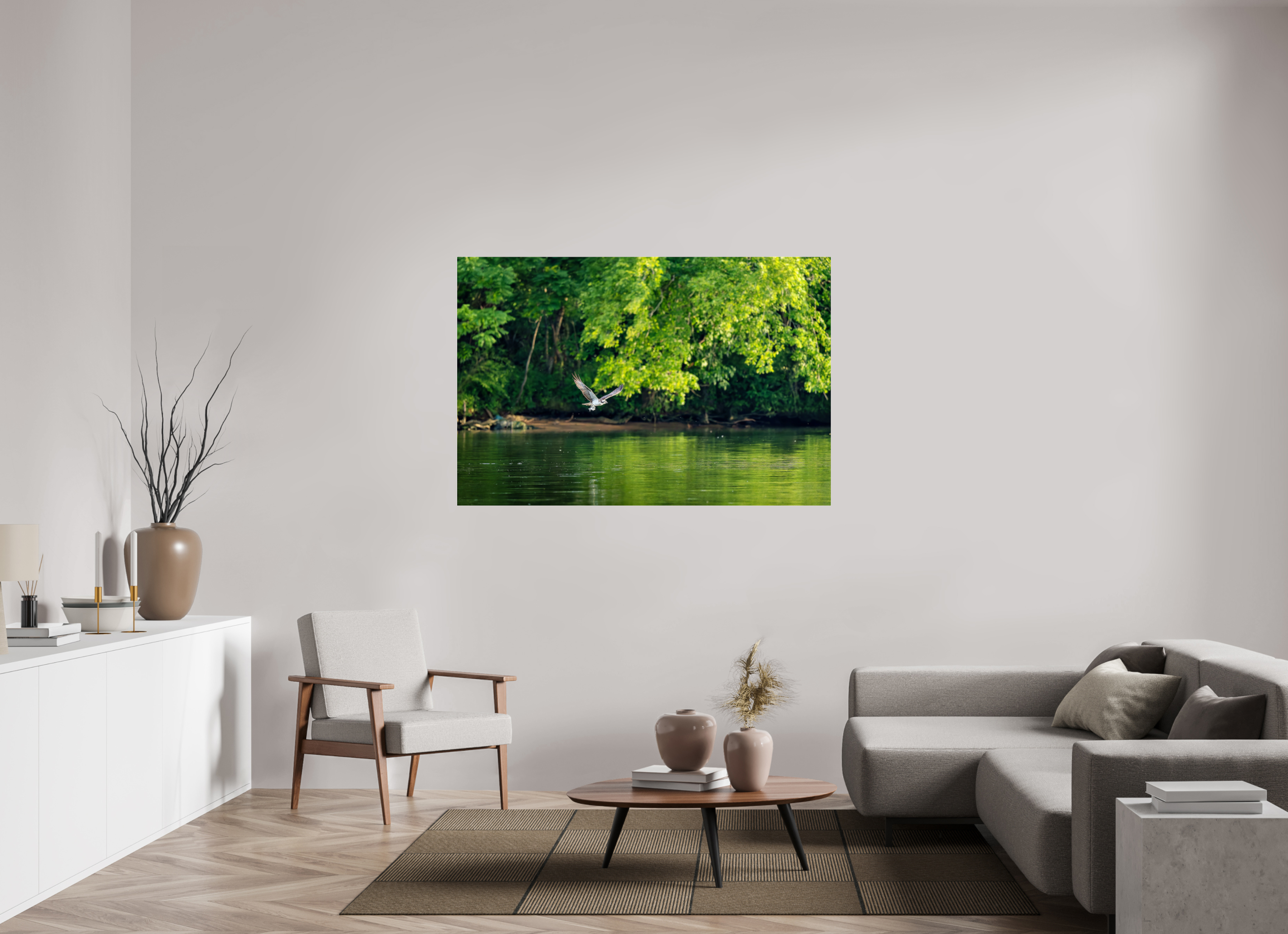 60 x 40″, Acrylic Glass Rounded Con Osprey Flying Low Over the River With a Fish