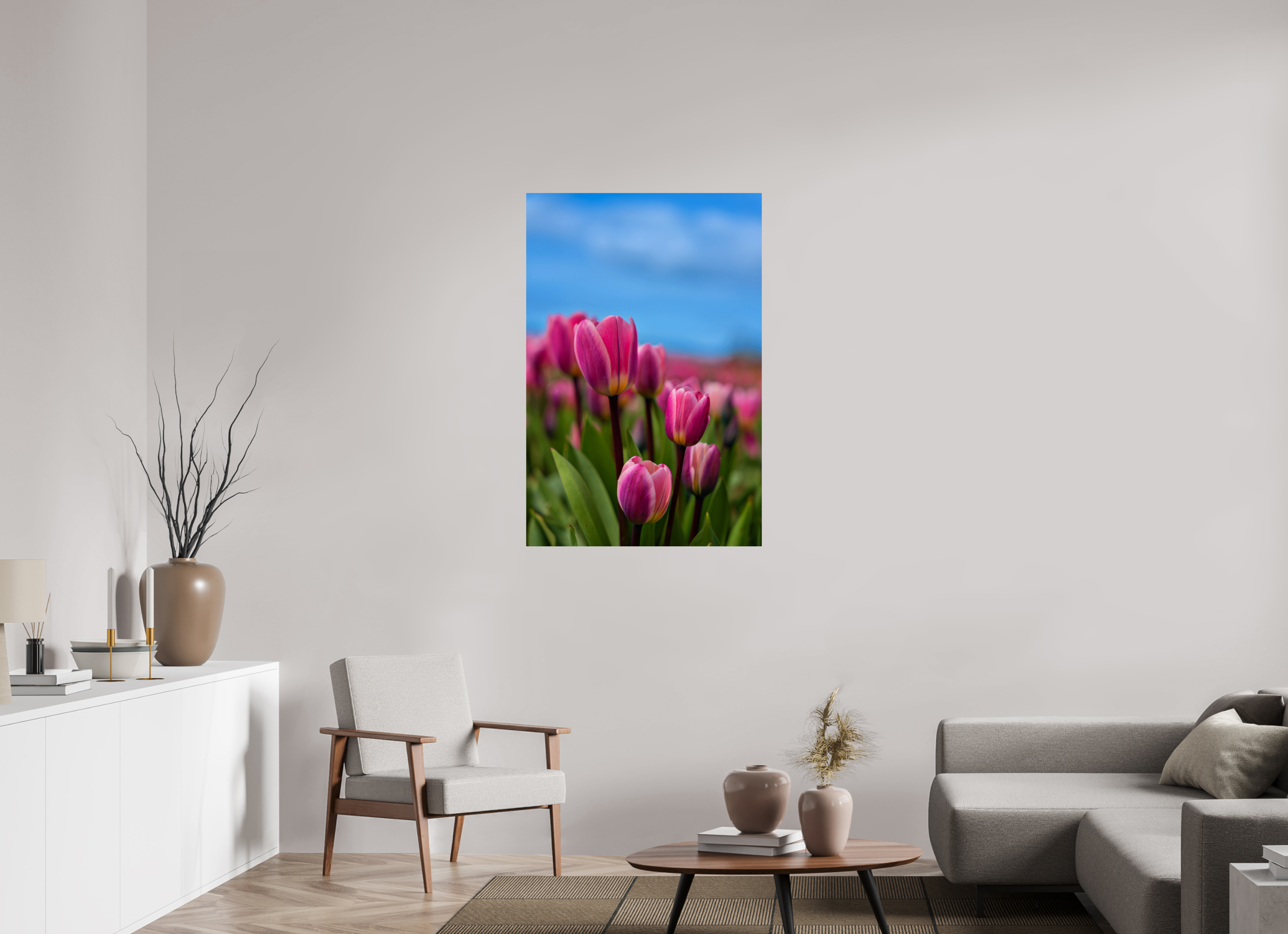 30 x 45″, ChromeLuxe HD Metal Print Rounded Conrners Pink Tulips Against an Evening Sky