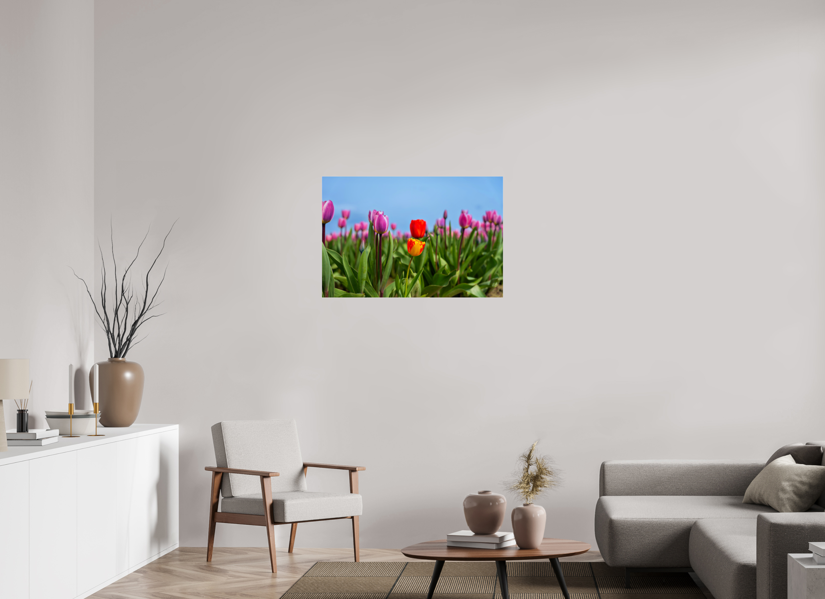 36 x 24″, Acrylic Glass Rounded Corners Red and Yellow Tulips Among a Purple Field