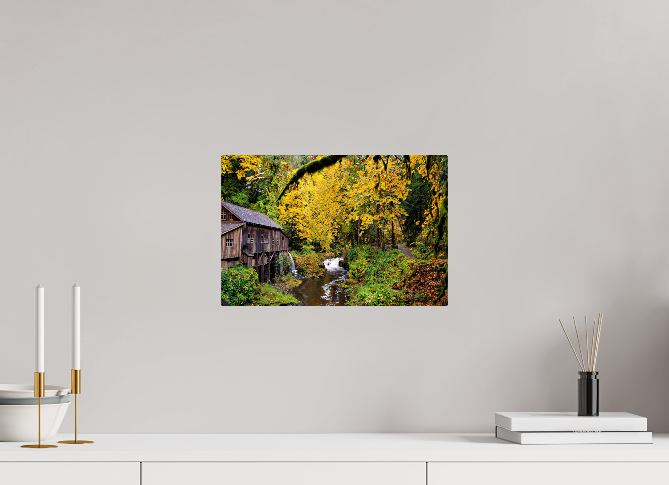 15 x 10″, ChromeLuxe HD Metal Print Rounded Conrners Historic Gristmill in Autumn Color