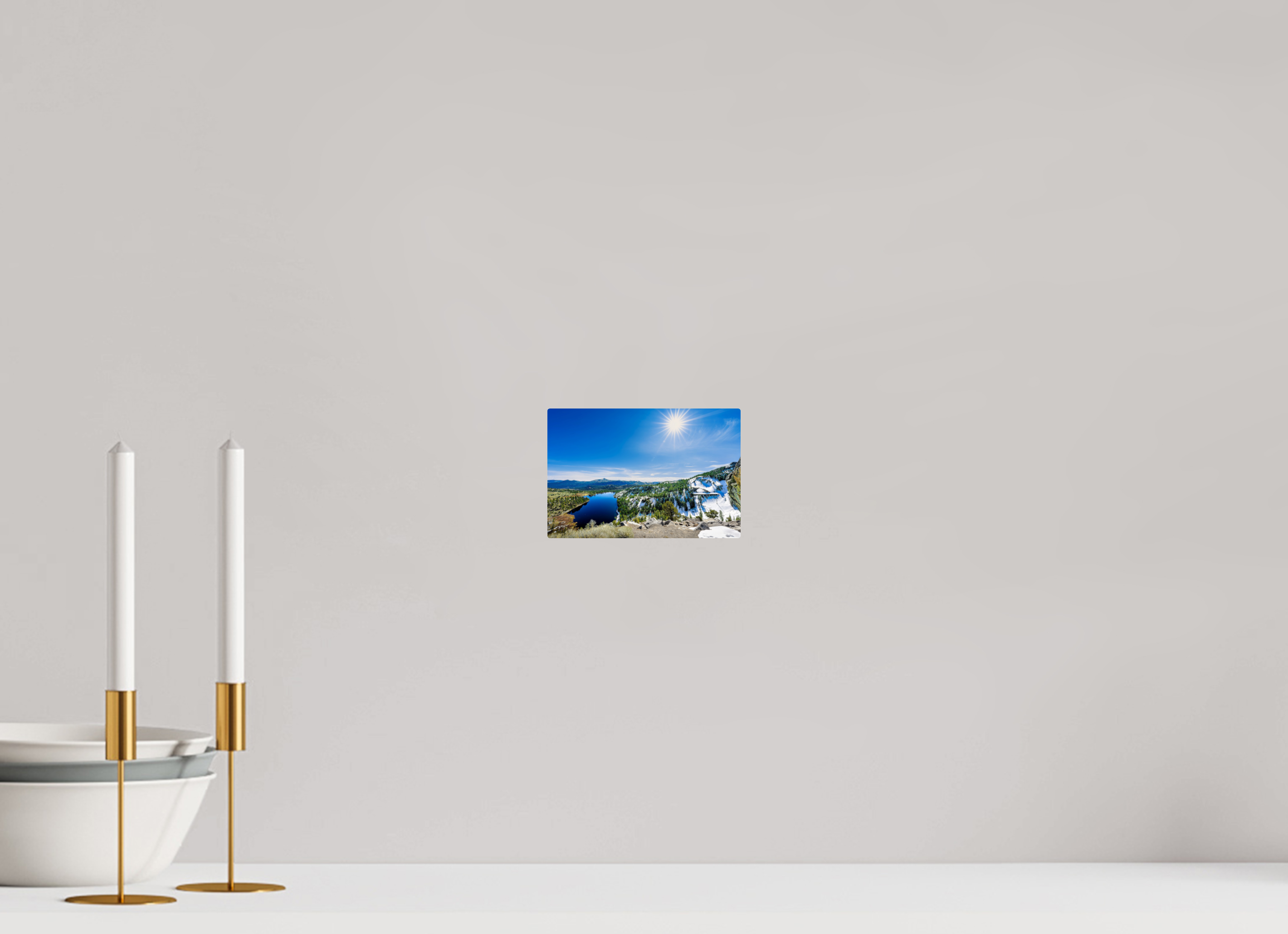 6 x 4″, ChromeLuxe HD Metal Print Acrylic Print - Alpine Lake Overlook With Sunburst