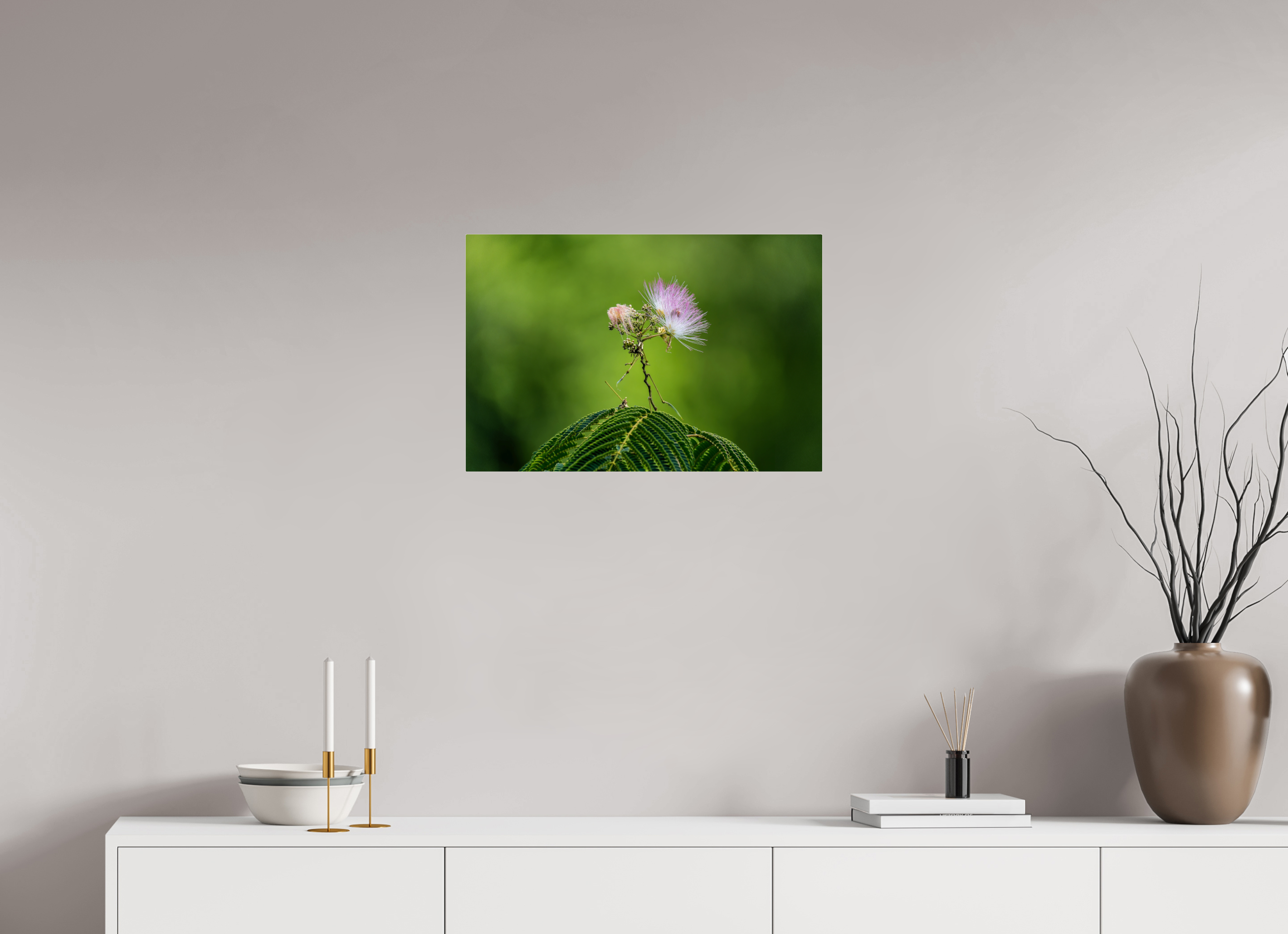 24 x 16″, Acrylic Glass Rounded Mimosa Blossom Against Green Bokeh