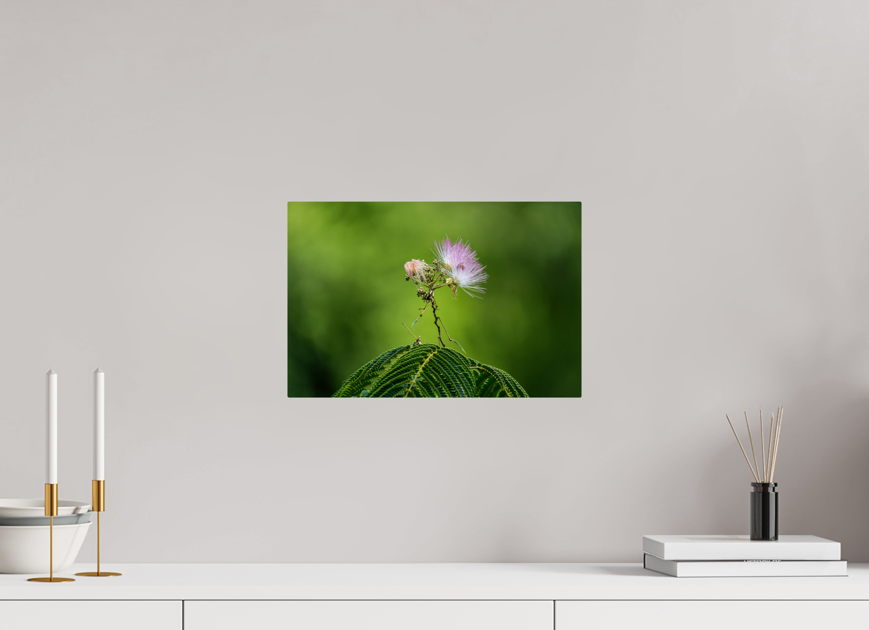 15 x 10″, ChromeLuxe HD Metal Print Mimosa Blossom Against Green Bokeh