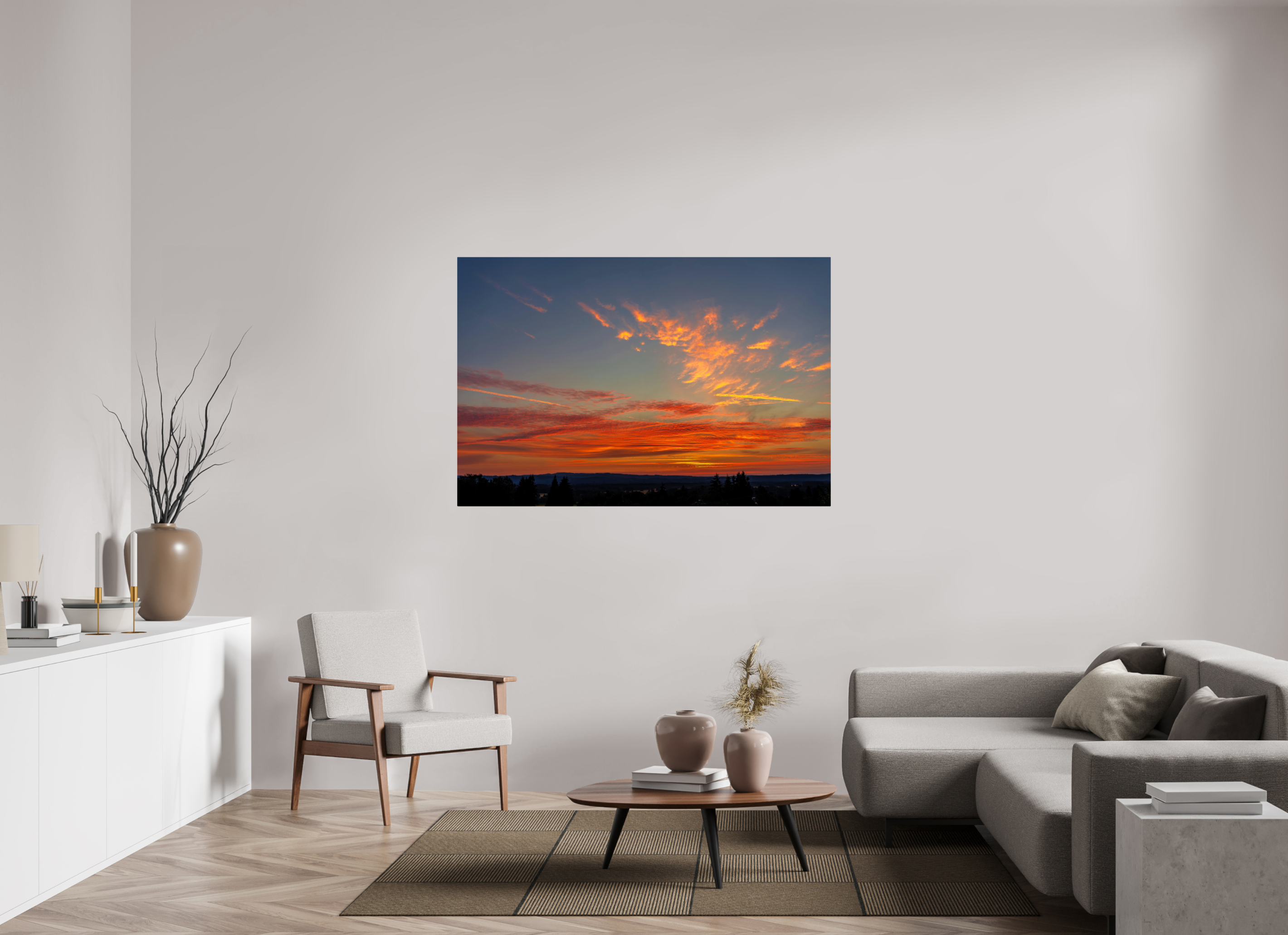 60 x 40″, ChromeLuxe HD Metal Print Rounded Conrners Fire in the Sky Over Silhouetted Hills