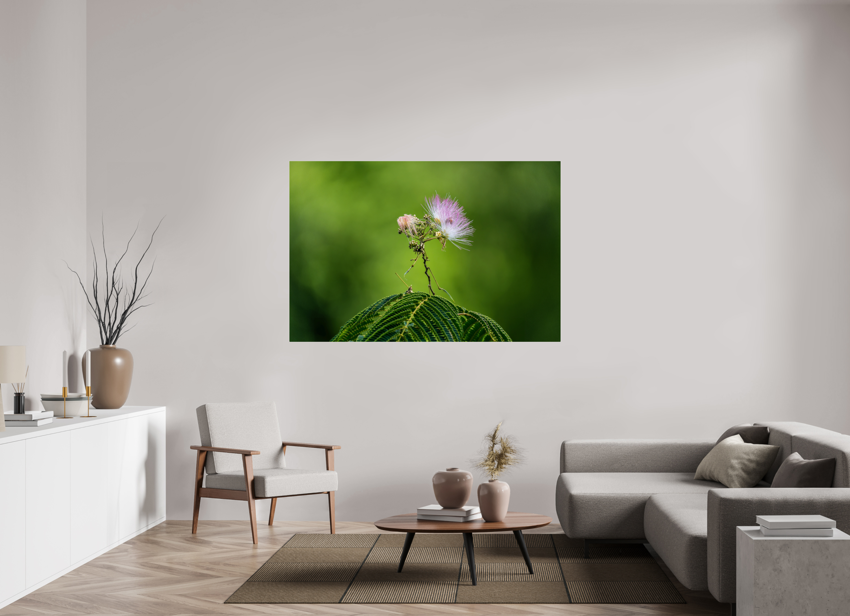 66 x 44″, Acrylic Glass Rounded Mimosa Blossom Against Green Bokeh