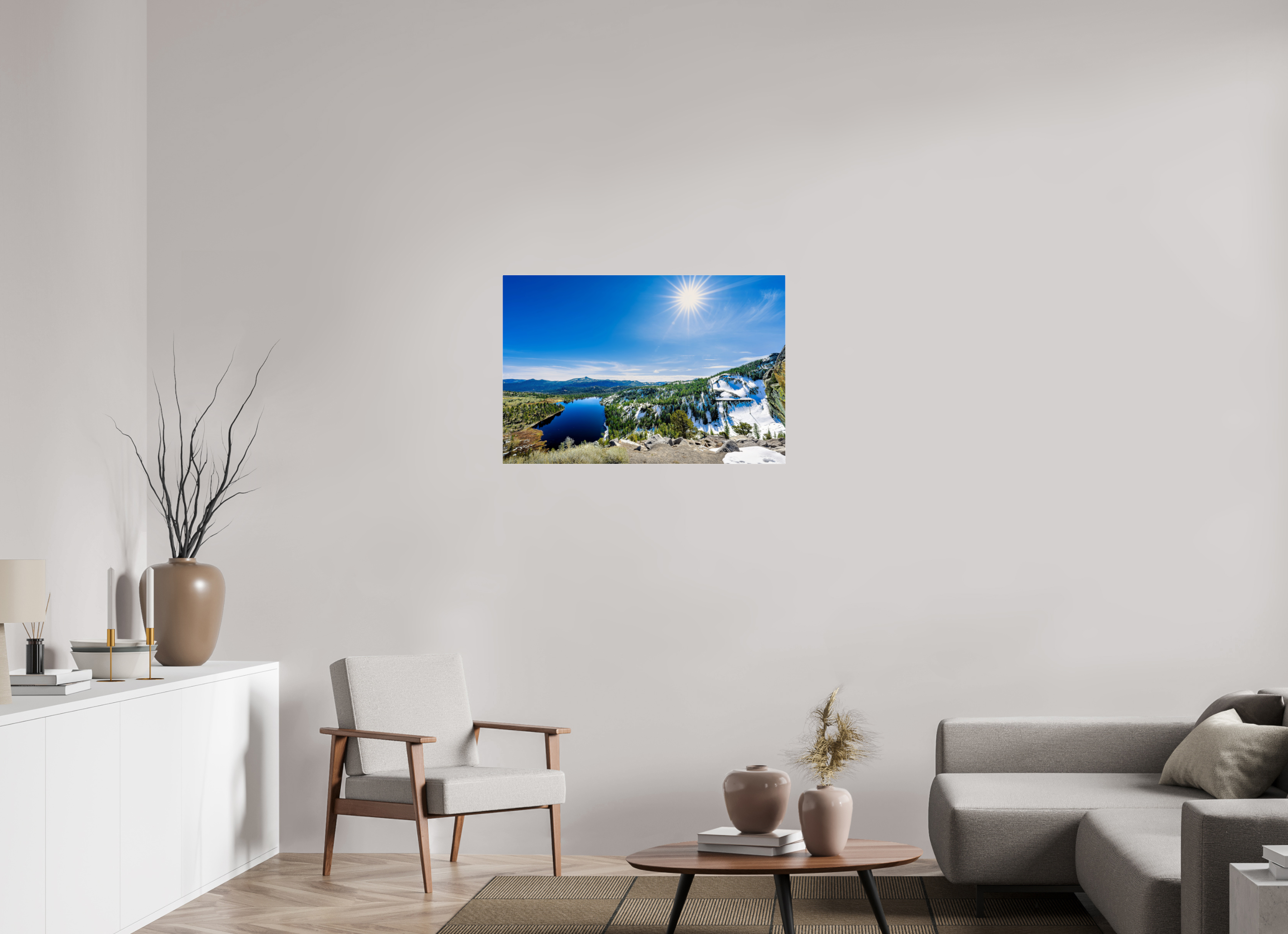 36 x 24″, Acrylic Glass Rounded Alpine Lake Overlook With Sunburst