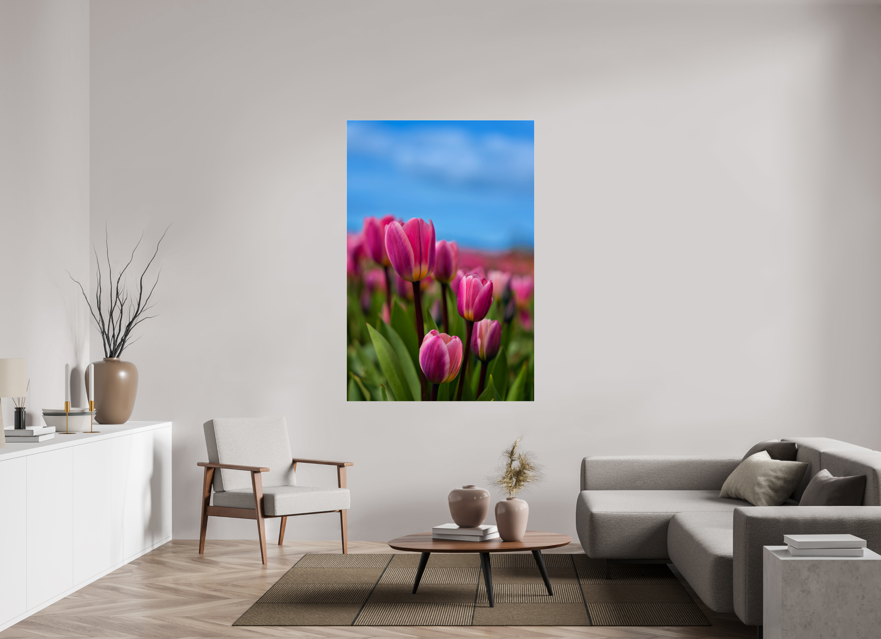 44 x 66″, Acrylic Glass Rounded Corners Pink Tulips Against an Evening Sky