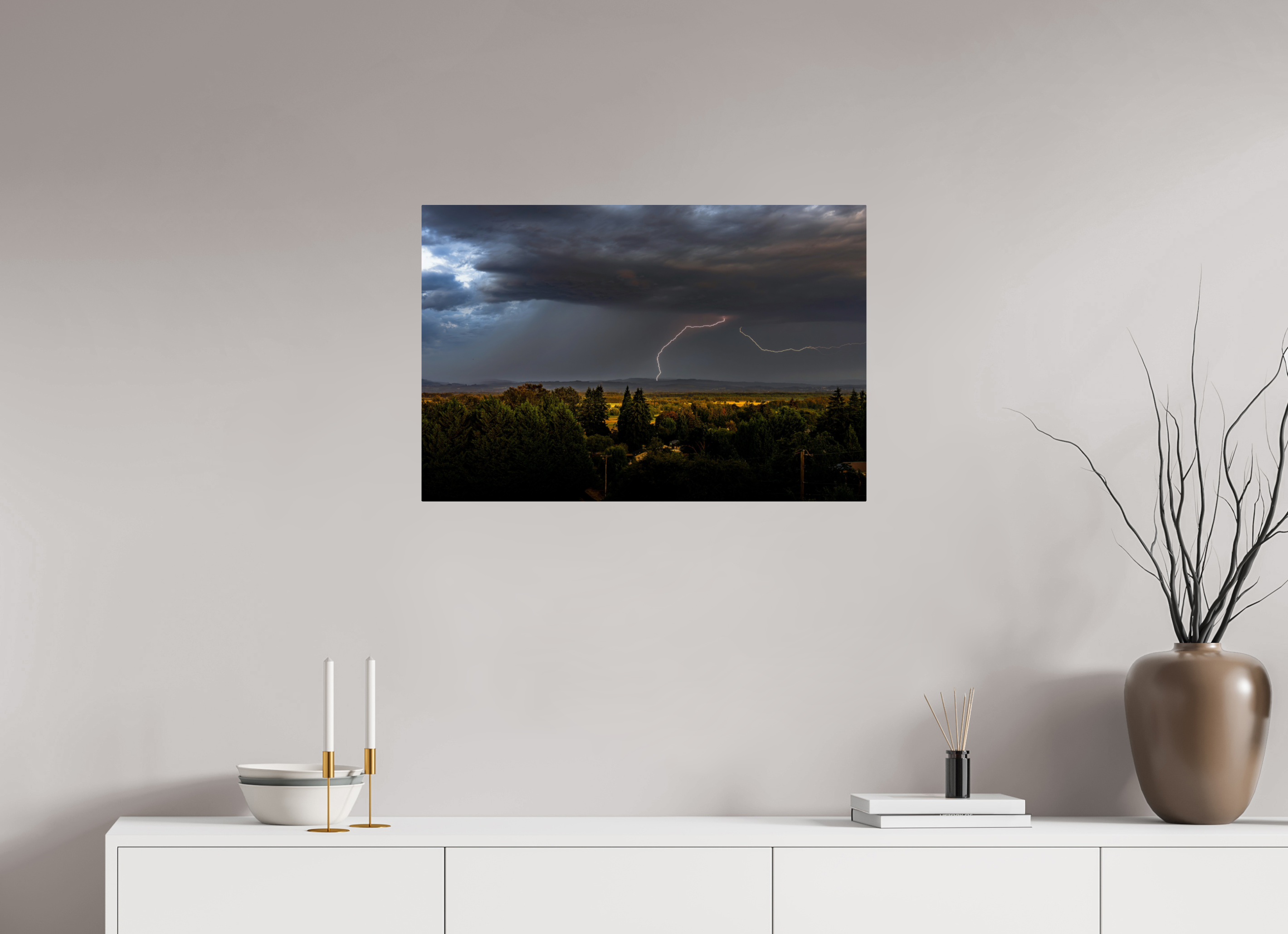 30 x 20″, ChromeLuxe HD Metal Print Rounded Conrners Lightning Over the Valley