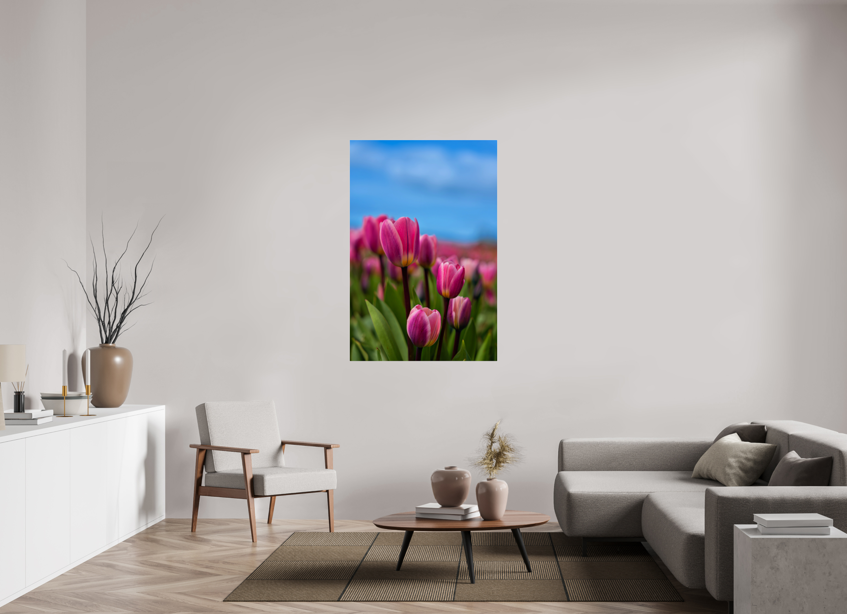 36 x 54″, Acrylic Glass Rounded Corners Pink Tulips Against an Evening Sky
