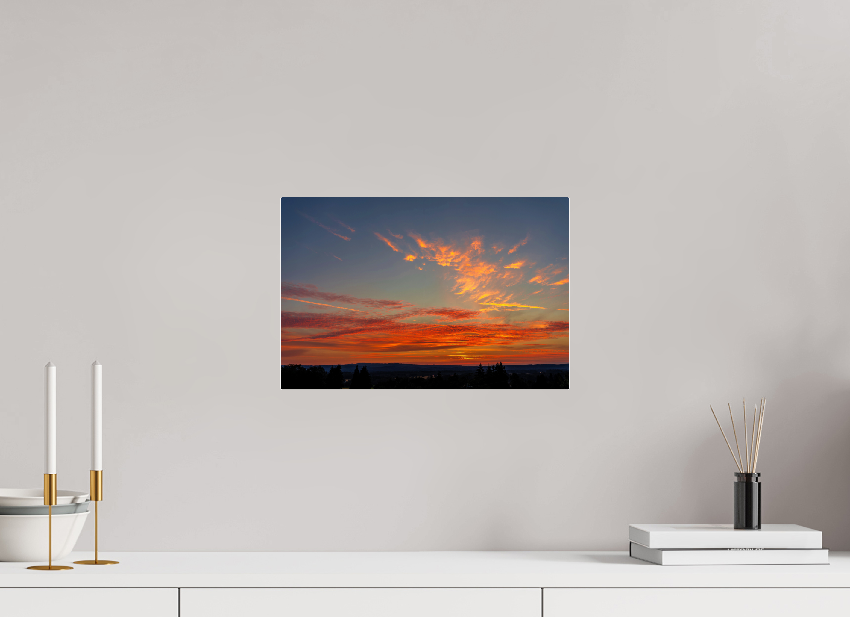 15 x 10″, Acrylic Glass Rounded Corners Fire in the Sky Over Silhouetted Hills