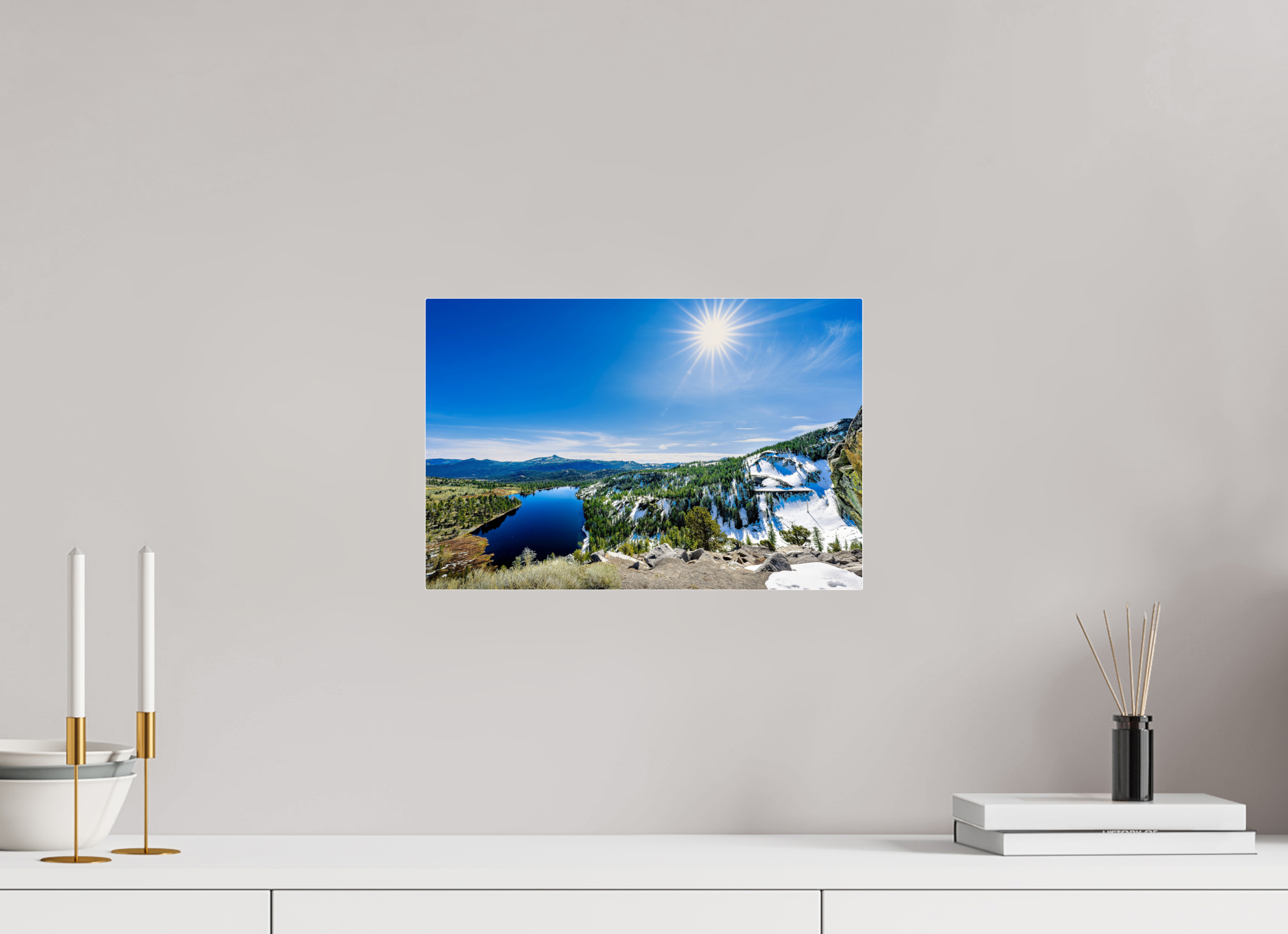 15 x 10″, Acrylic Glass Rounded Alpine Lake Overlook With Sunburst