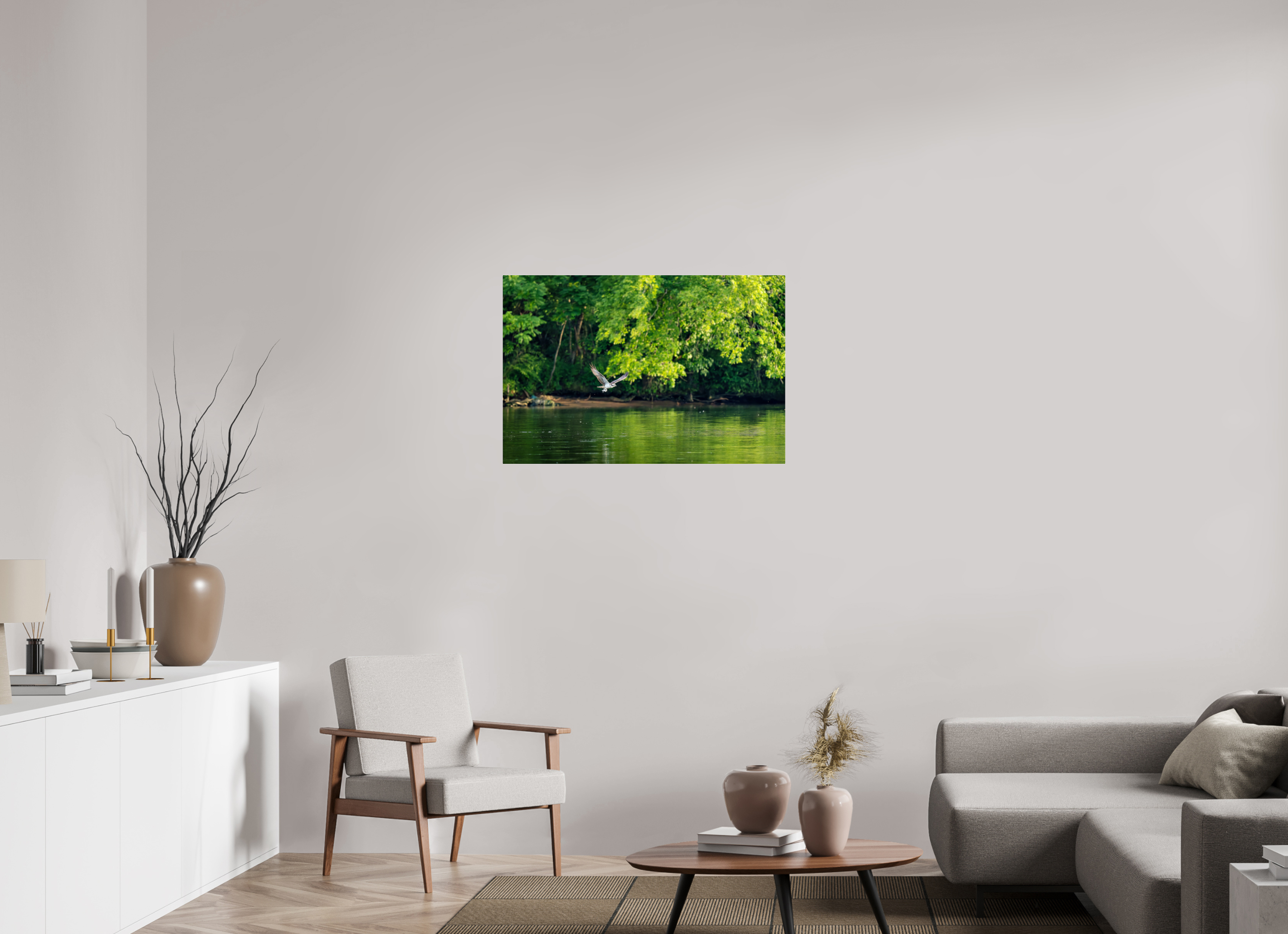 36 x 24″, Acrylic Glass Rounded Con Osprey Flying Low Over the River With a Fish