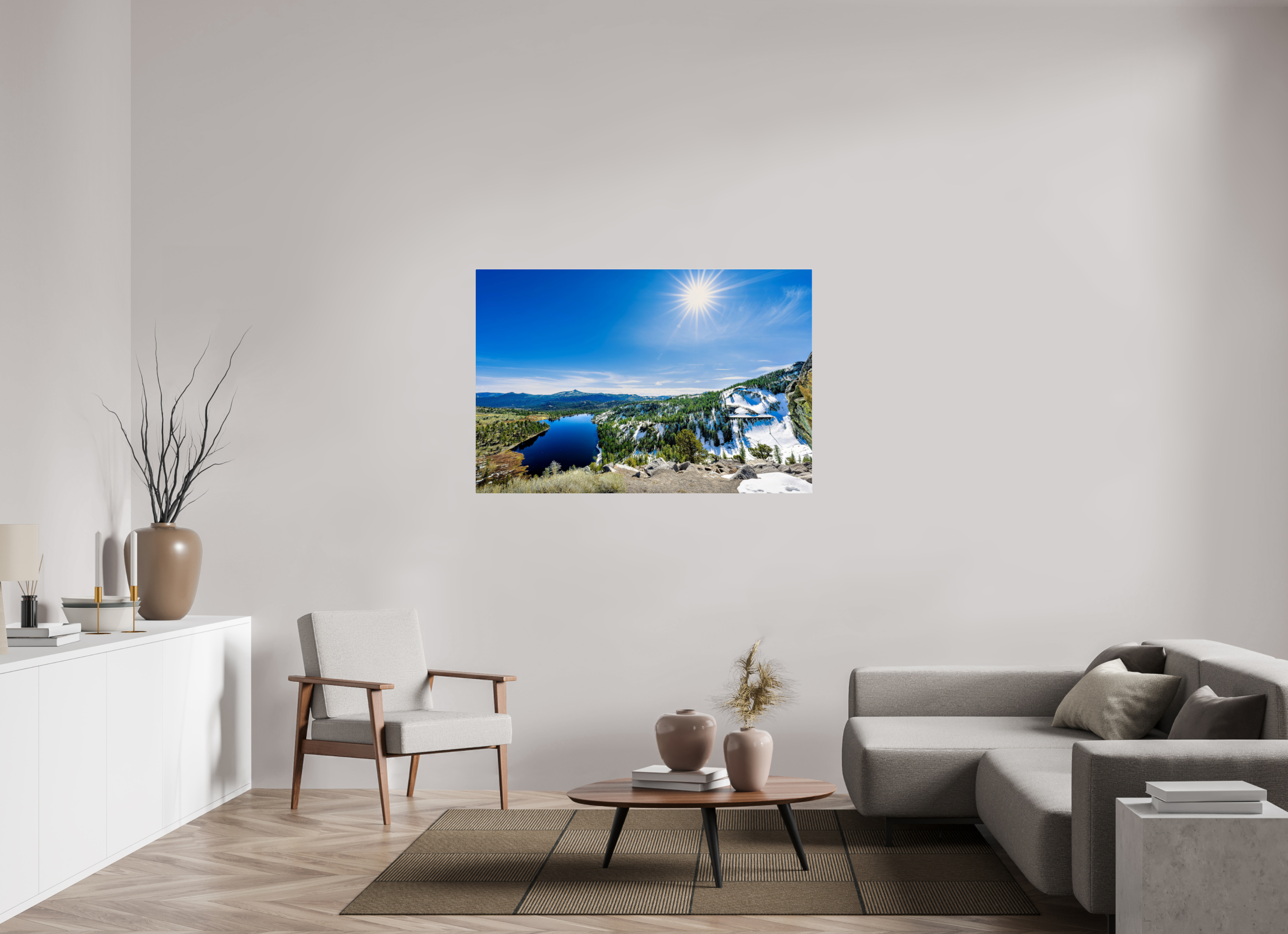 54 x 36″, Acrylic Glass Rounded Alpine Lake Overlook With Sunburst