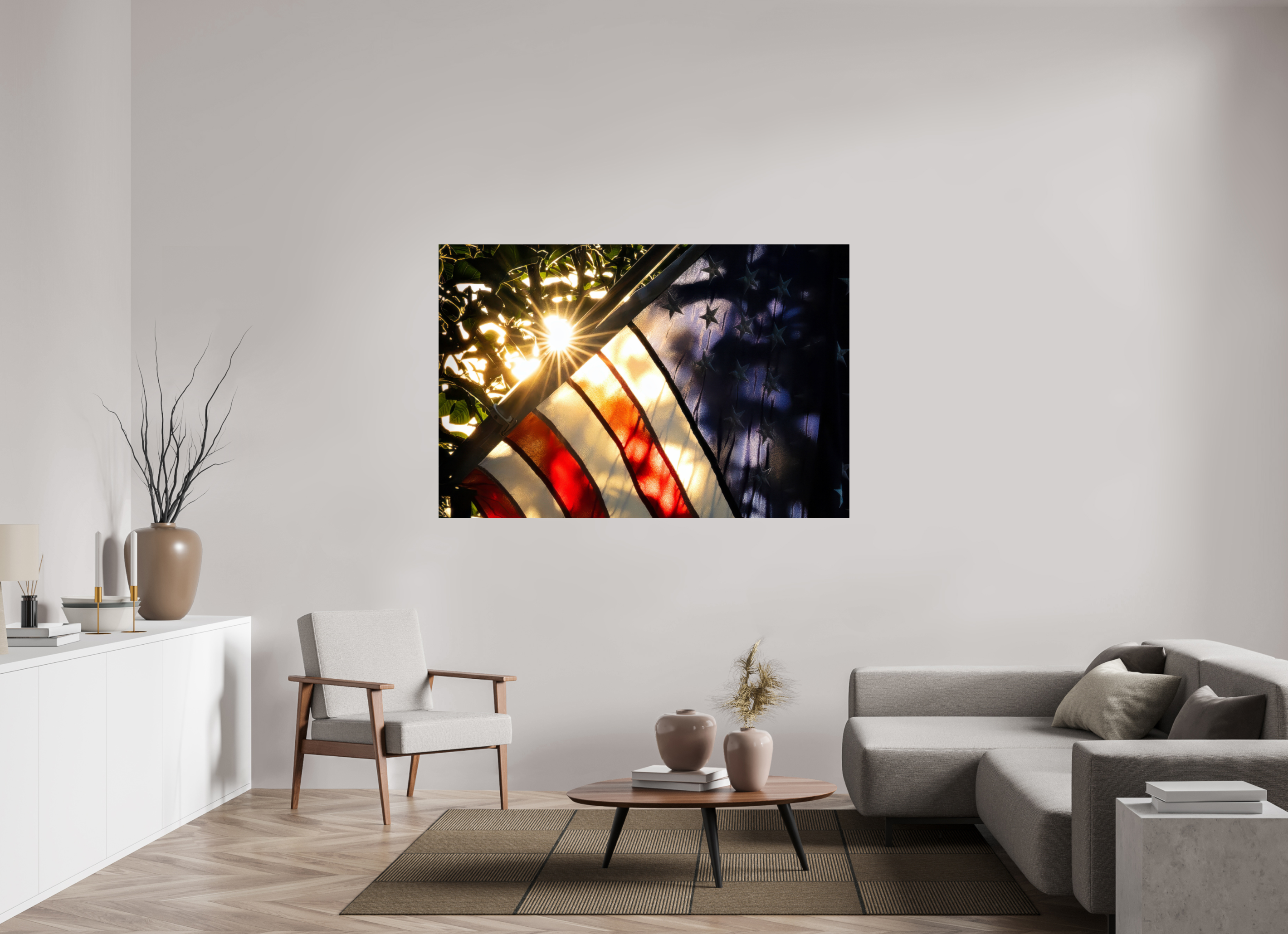 66 x 44″, Acrylic Glass Rounded Corners unlight Through a Weathered Flag