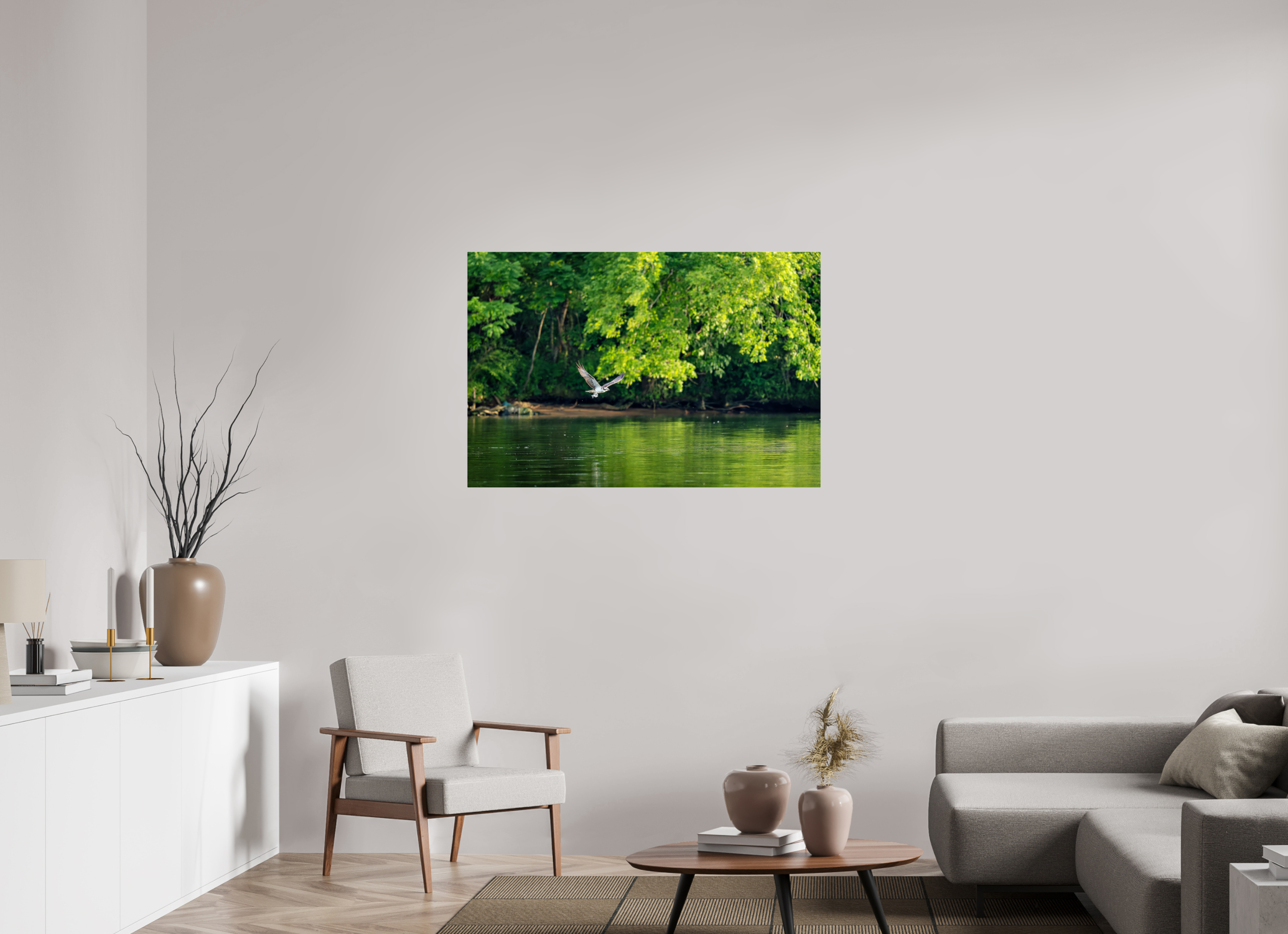 45 x 30″, Acrylic Glass Rounded Con Osprey Flying Low Over the River With a Fish