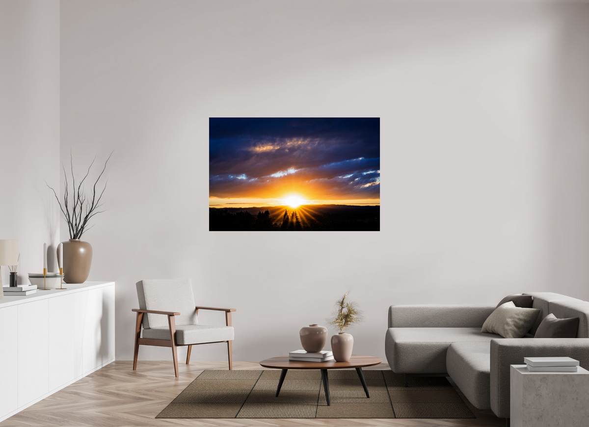 60 x 40″, Acrylic Glass Rounded Corners Sunburst Behind the Silhouetted Pines