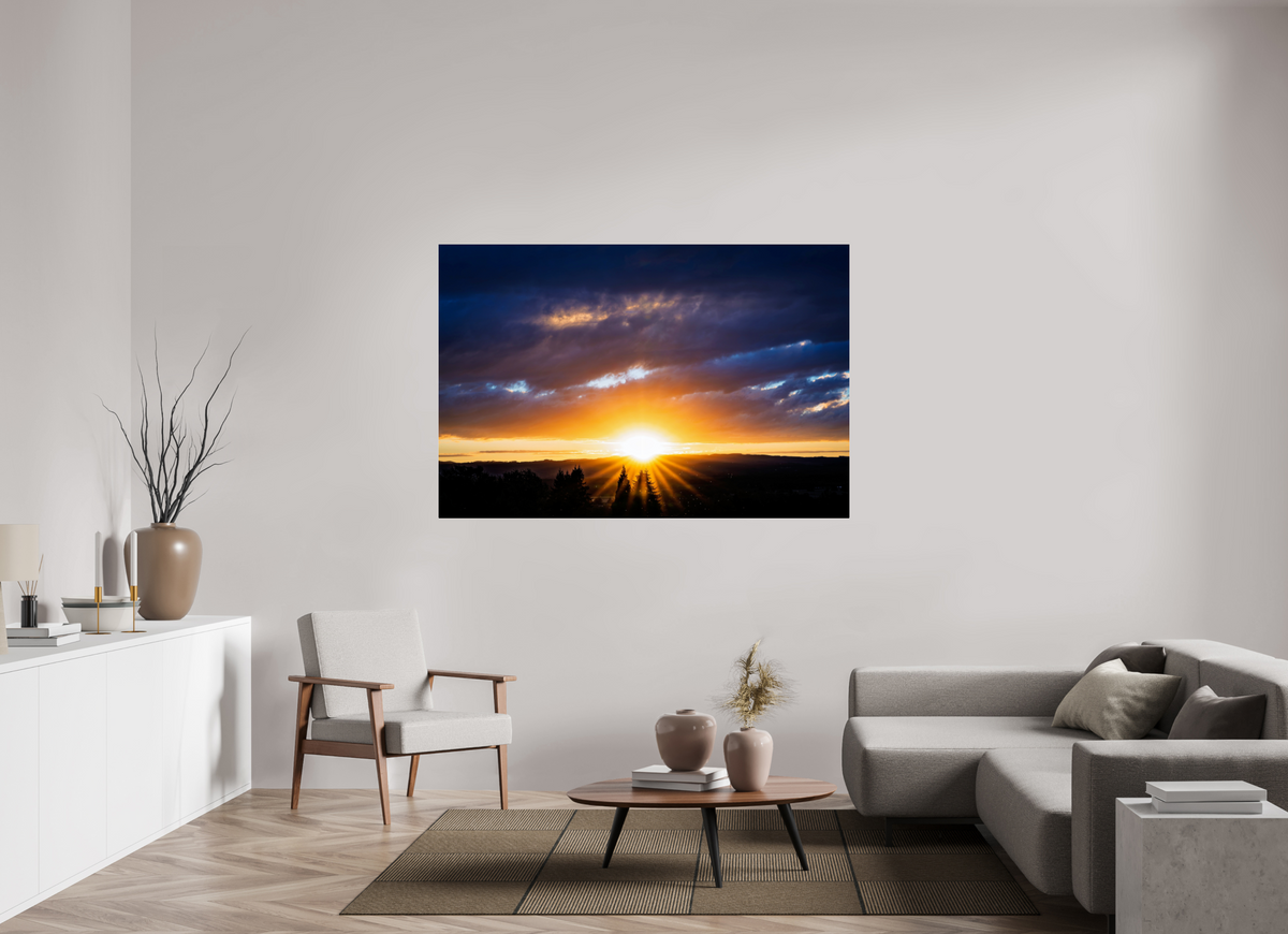 66 x 44″, Acrylic Glass Rounded Corners Sunburst Behind the Silhouetted Pines