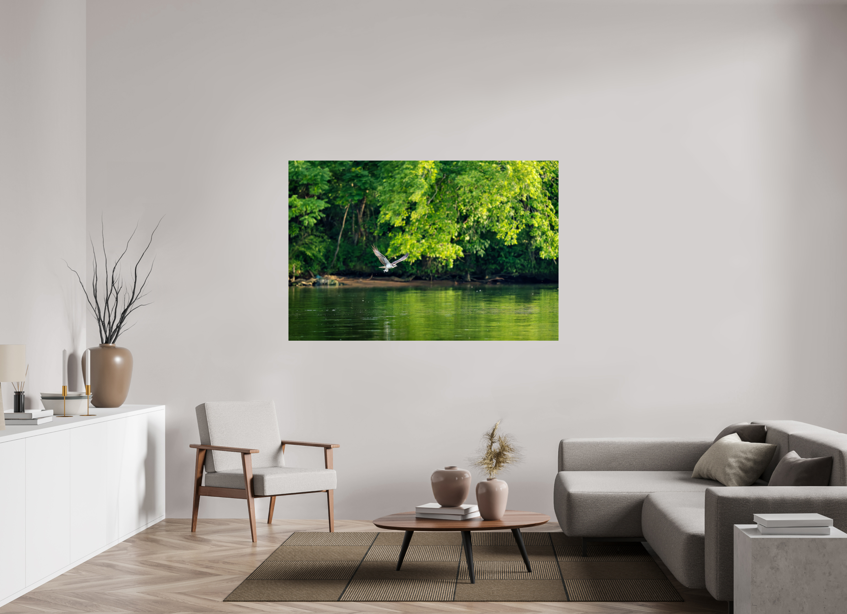 66 x 44″, ChromeLuxe HD Metal Print Rounded Conrners Osprey Flying Low Over the River With a Fish