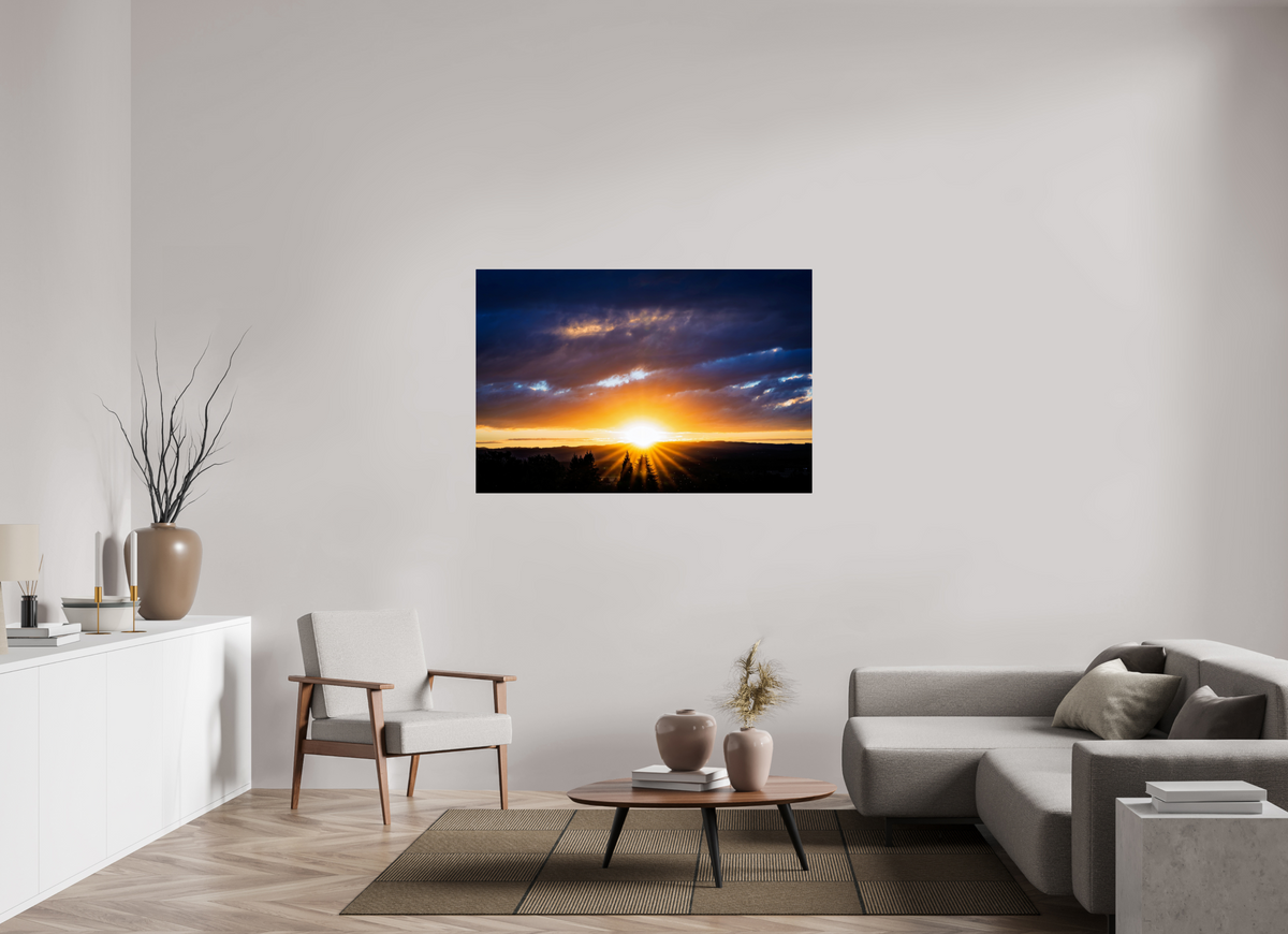 54 x 36″, ChromeLuxe HD Metal Print Rounded Conrners Sunburst Behind the Silhouetted Pines