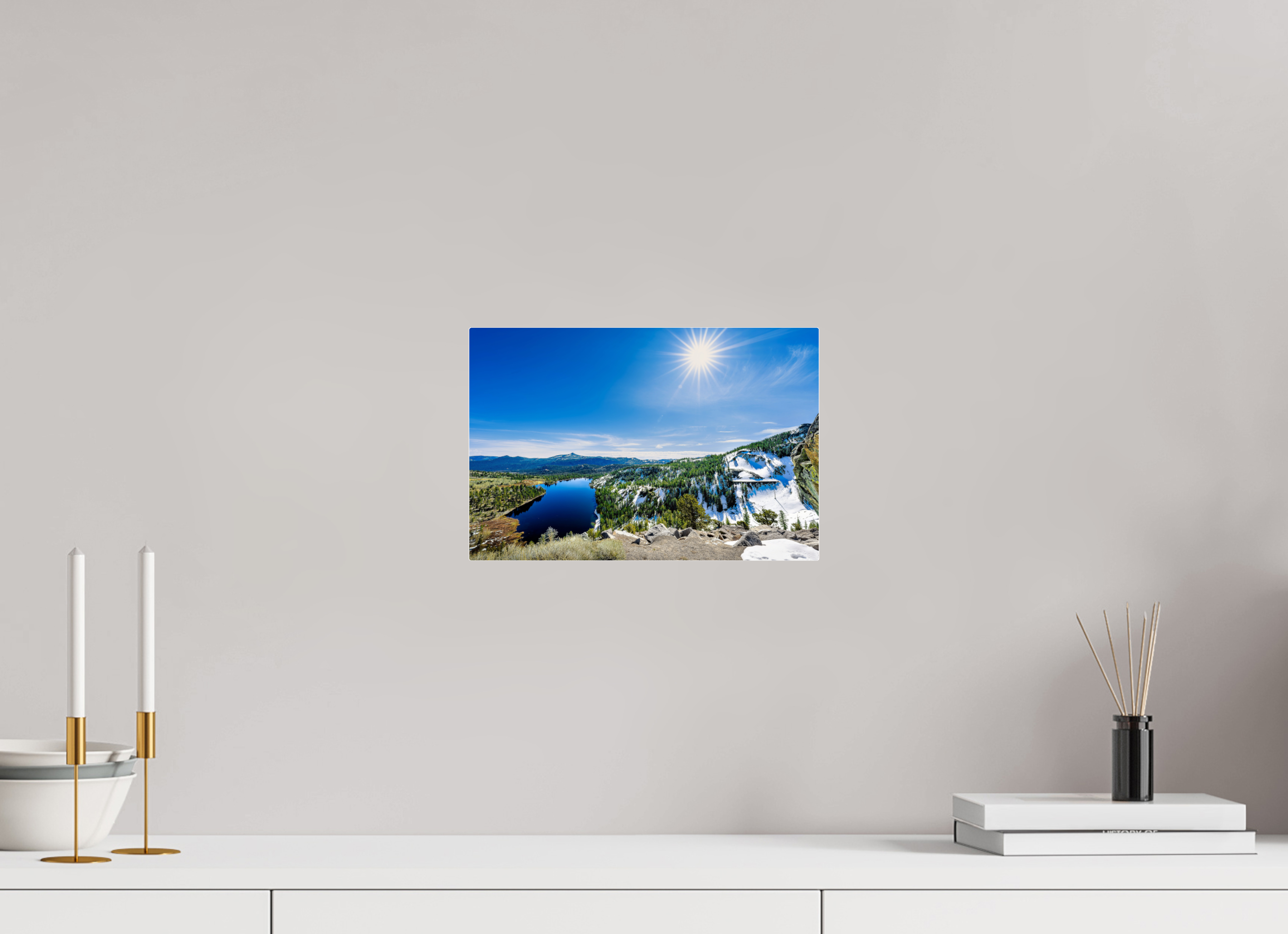 12 x 8″, Acrylic Glass Rounded Alpine Lake Overlook With Sunburst