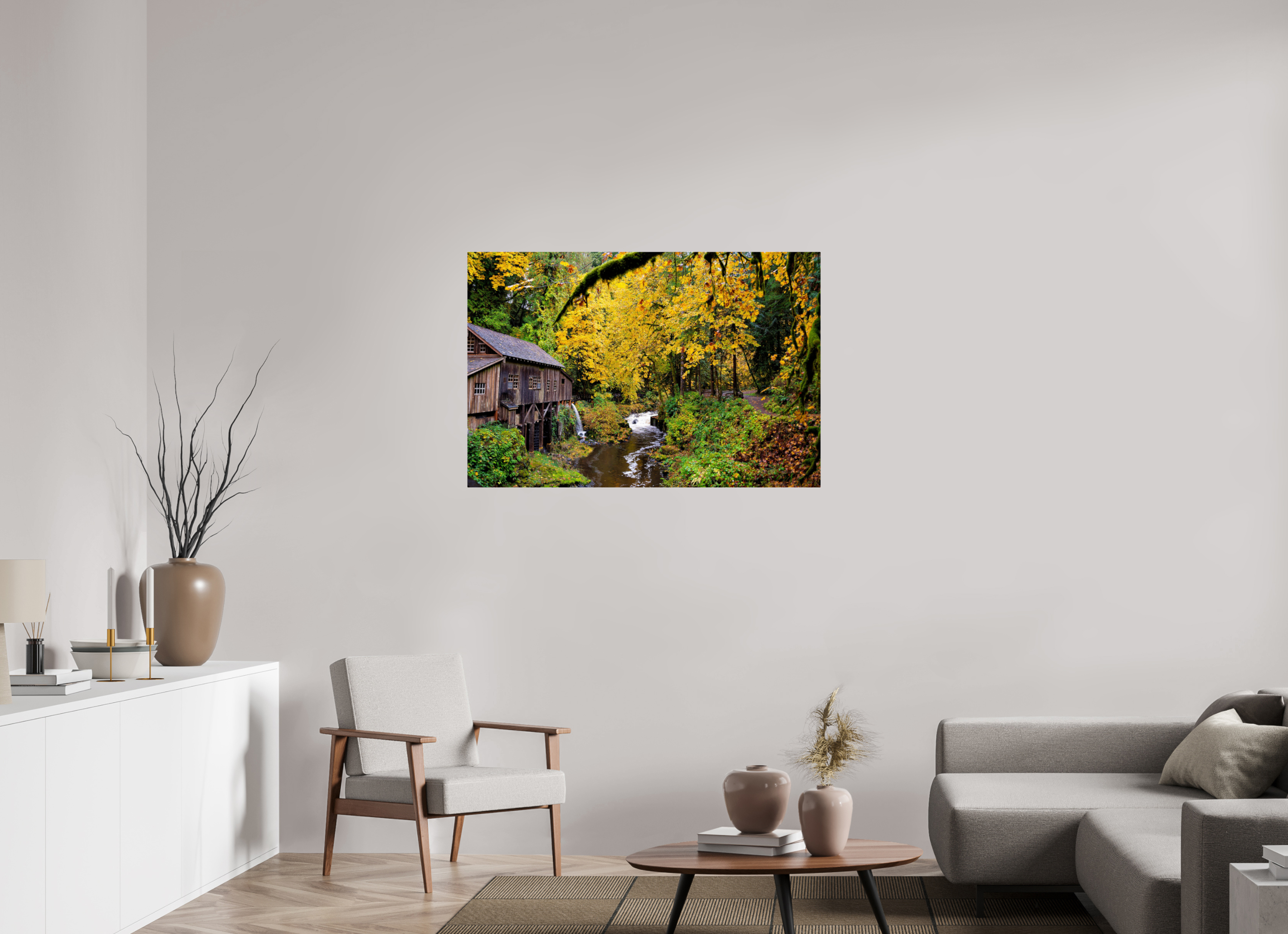 45 x 30″, Acrylic Glass Rounded Corners Historic Gristmill in Autumn Color
