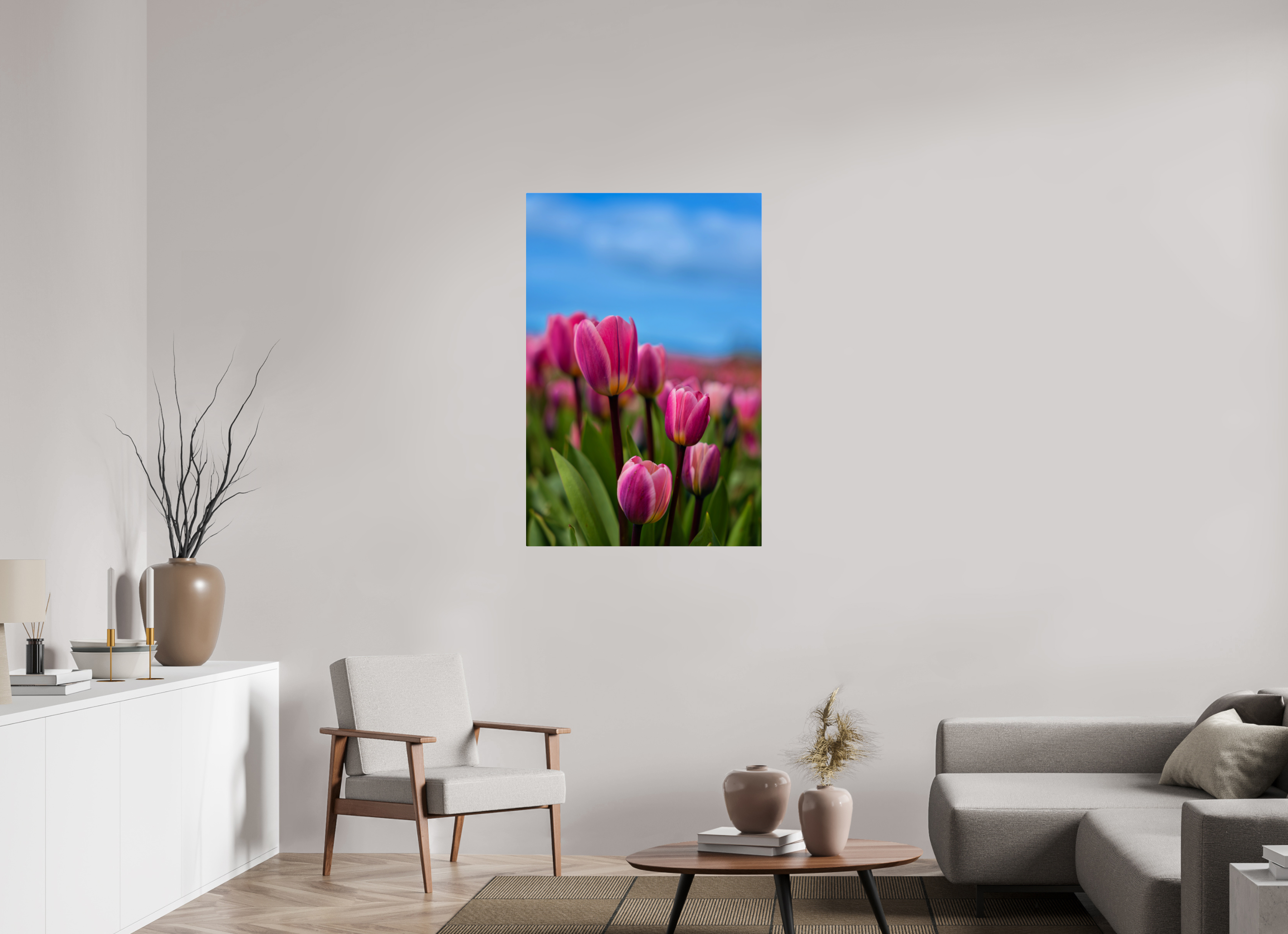 30 x 45″, Acrylic Glass Rounded Corners Pink Tulips Against an Evening Sky