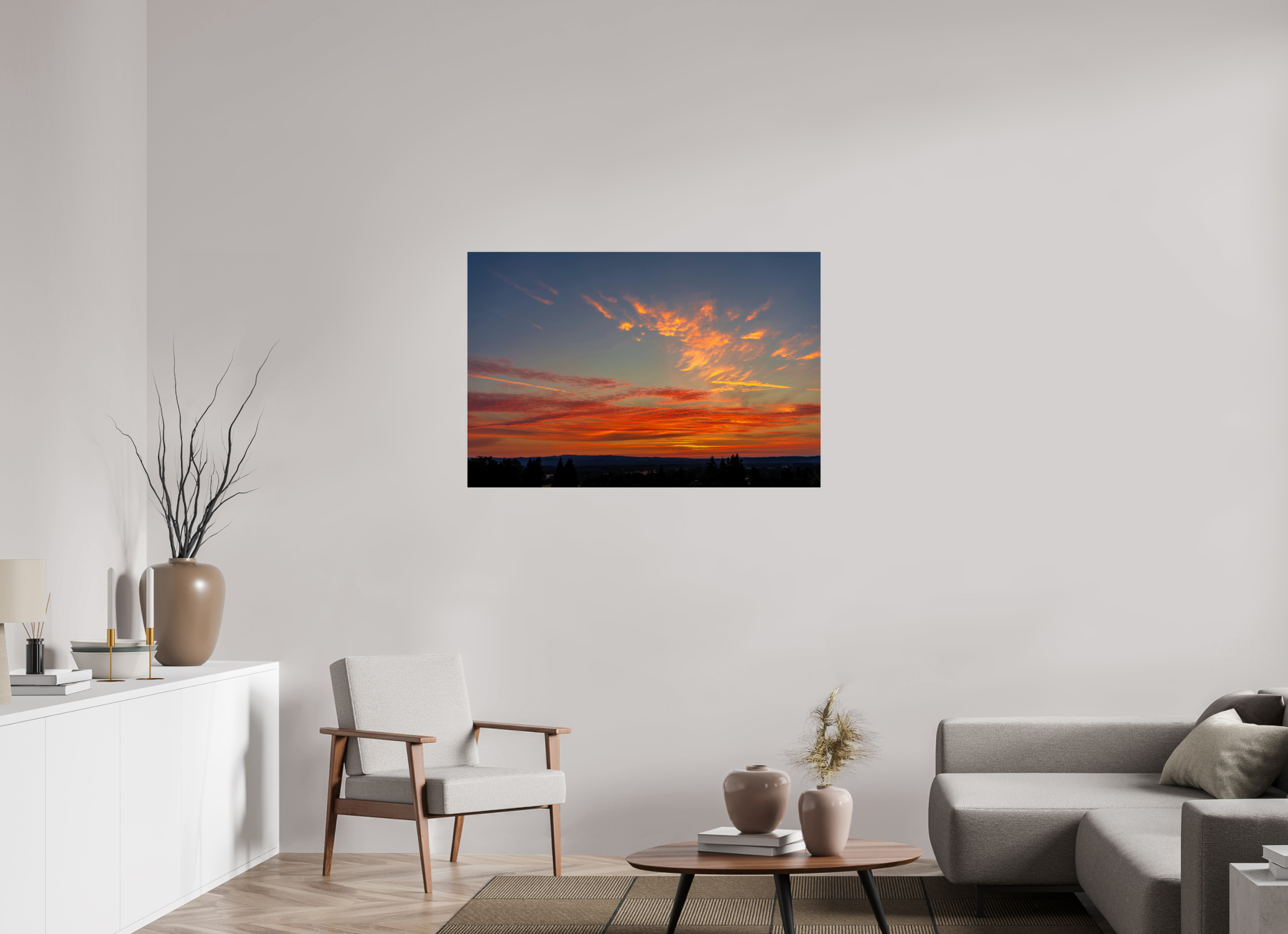 45 x 30″, Acrylic Glass Rounded Corners Fire in the Sky Over Silhouetted Hills