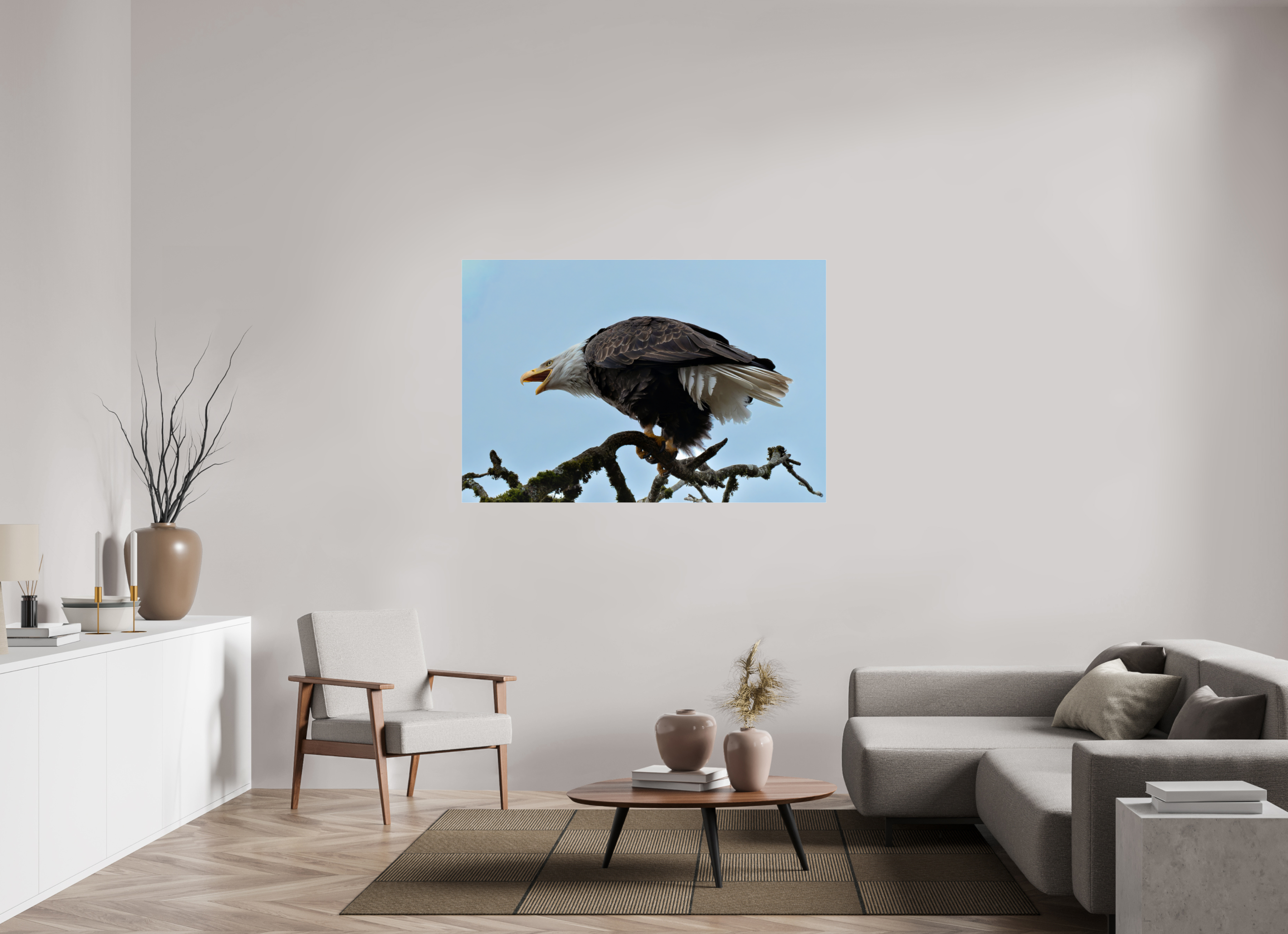 58.5 x 39″, Acrylic Glass Rounded Corners Bald Eagle Calling from the Snag