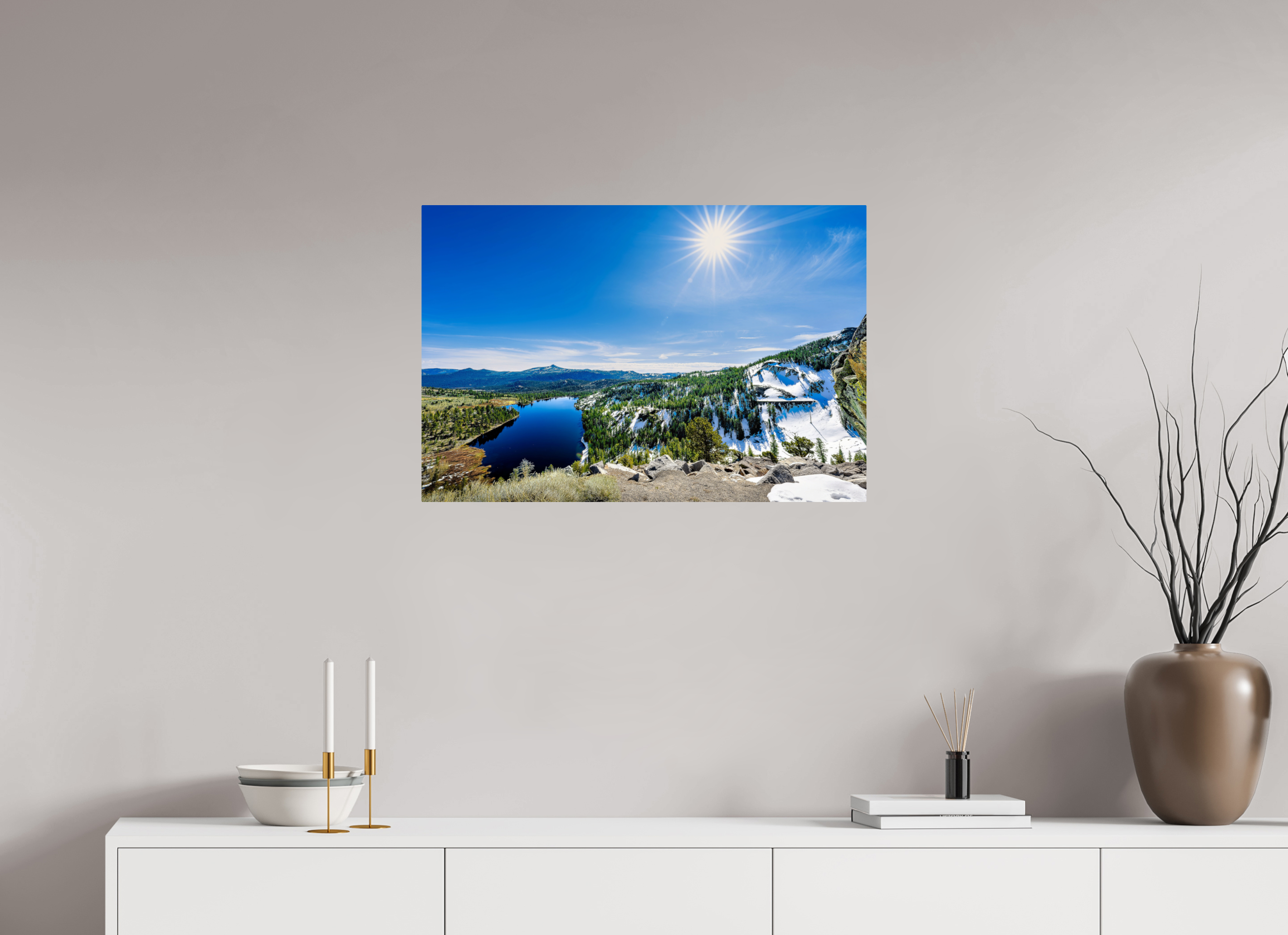 30 x 20″, ChromeLuxe HD Metal Print Acrylic Print - Alpine Lake Overlook With Sunburst