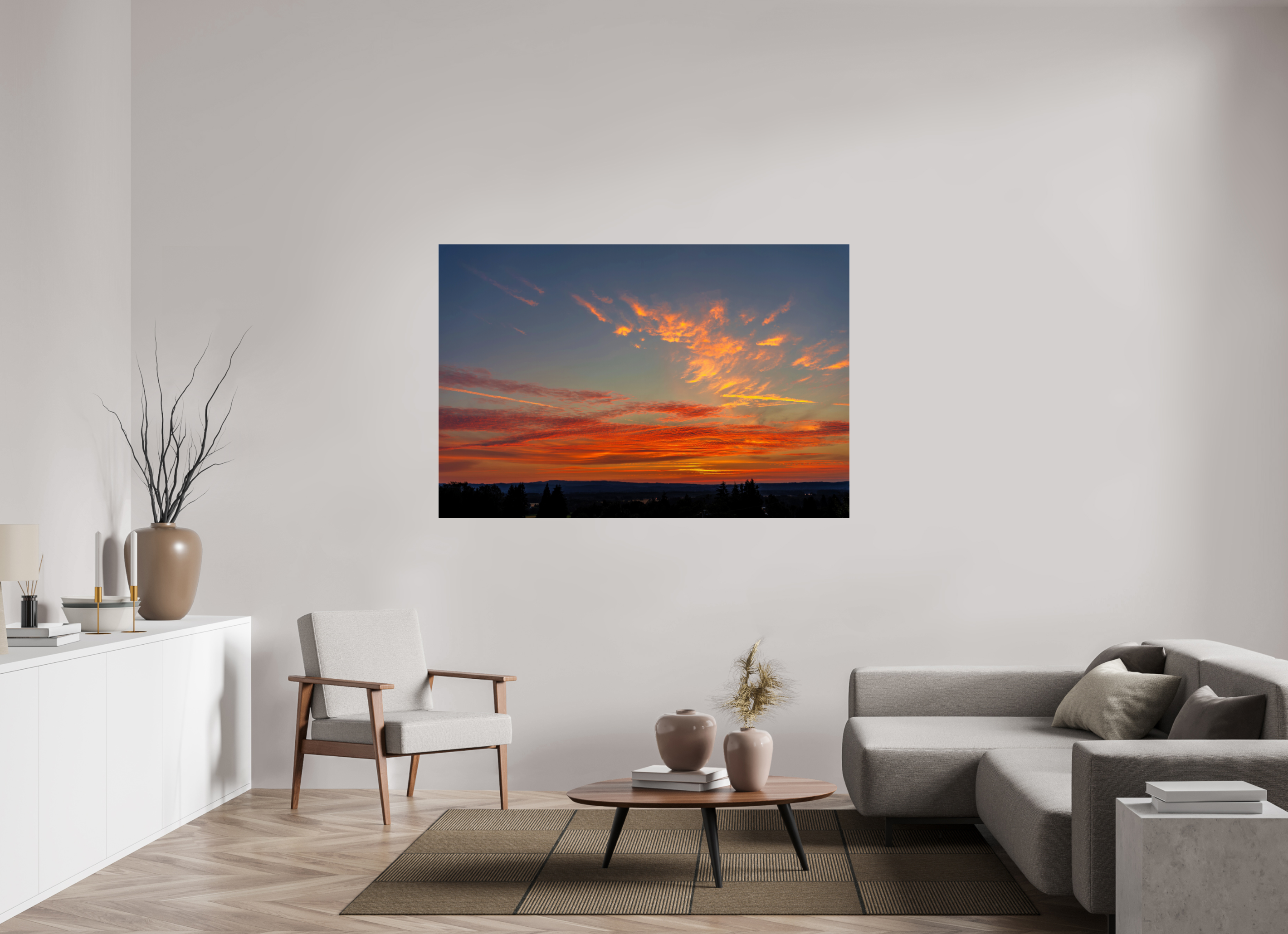 66 x 44″, Acrylic Glass Rounded Corners Fire in the Sky Over Silhouetted Hills