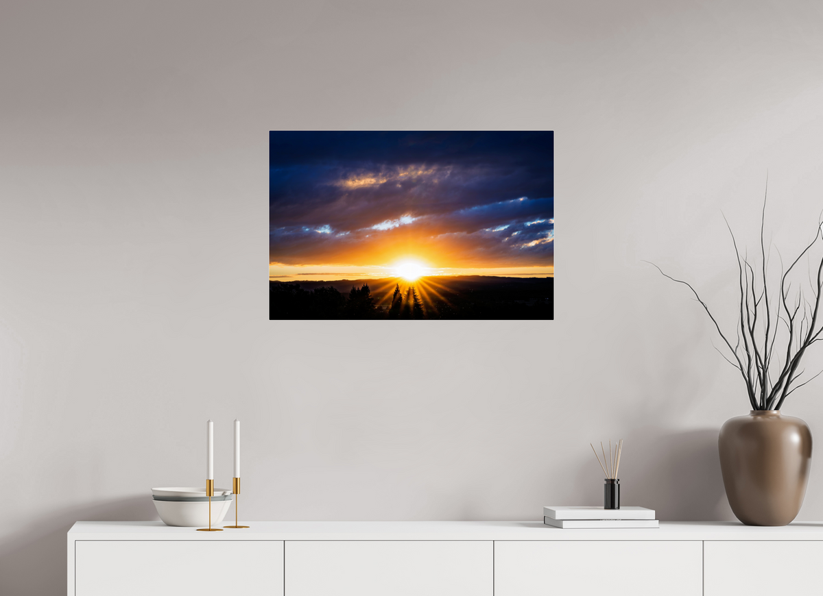 30 x 20″, Acrylic Glass Rounded Corners Sunburst Behind the Silhouetted Pines