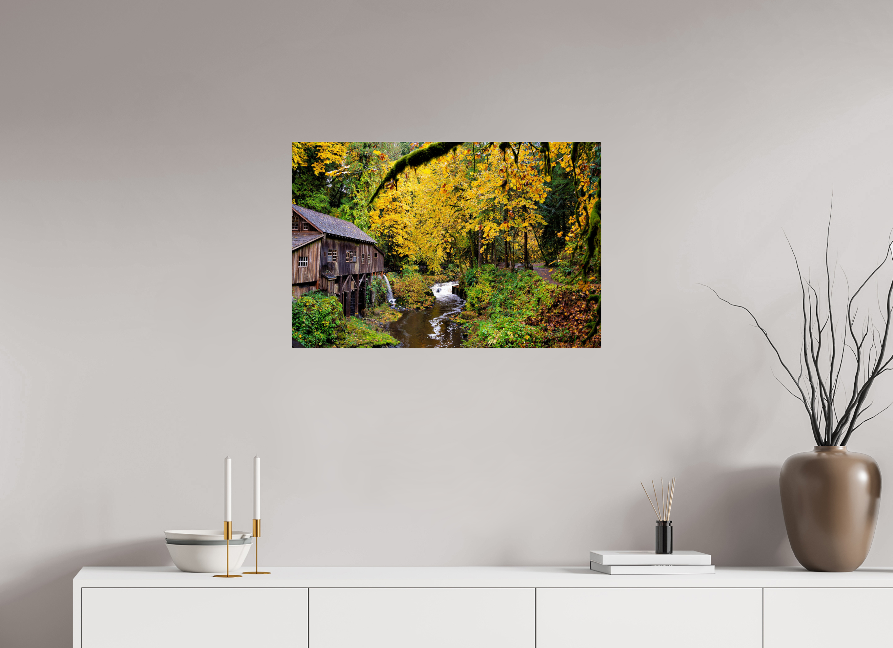 30 x 20″, Acrylic Glass Rounded Corners Historic Gristmill in Autumn Color