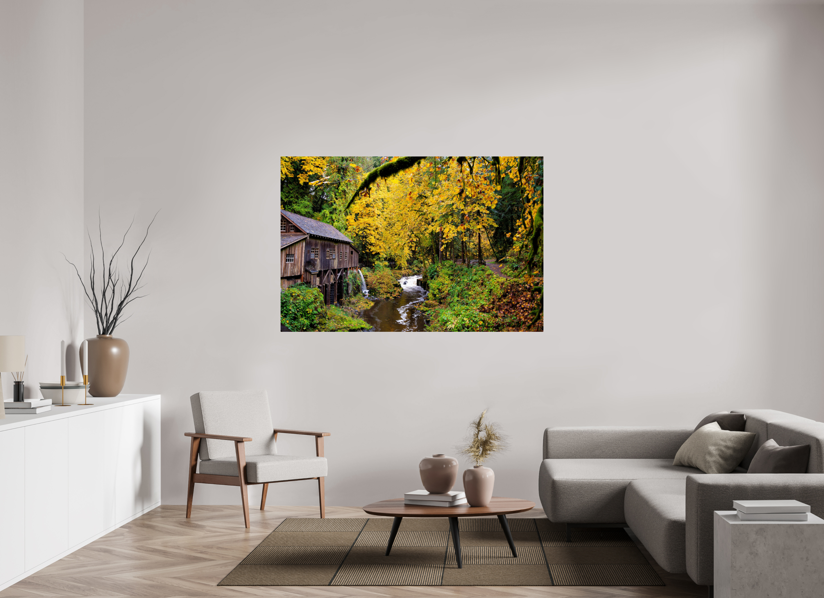 66 x 44″, Acrylic Glass Rounded Corners Historic Gristmill in Autumn Color